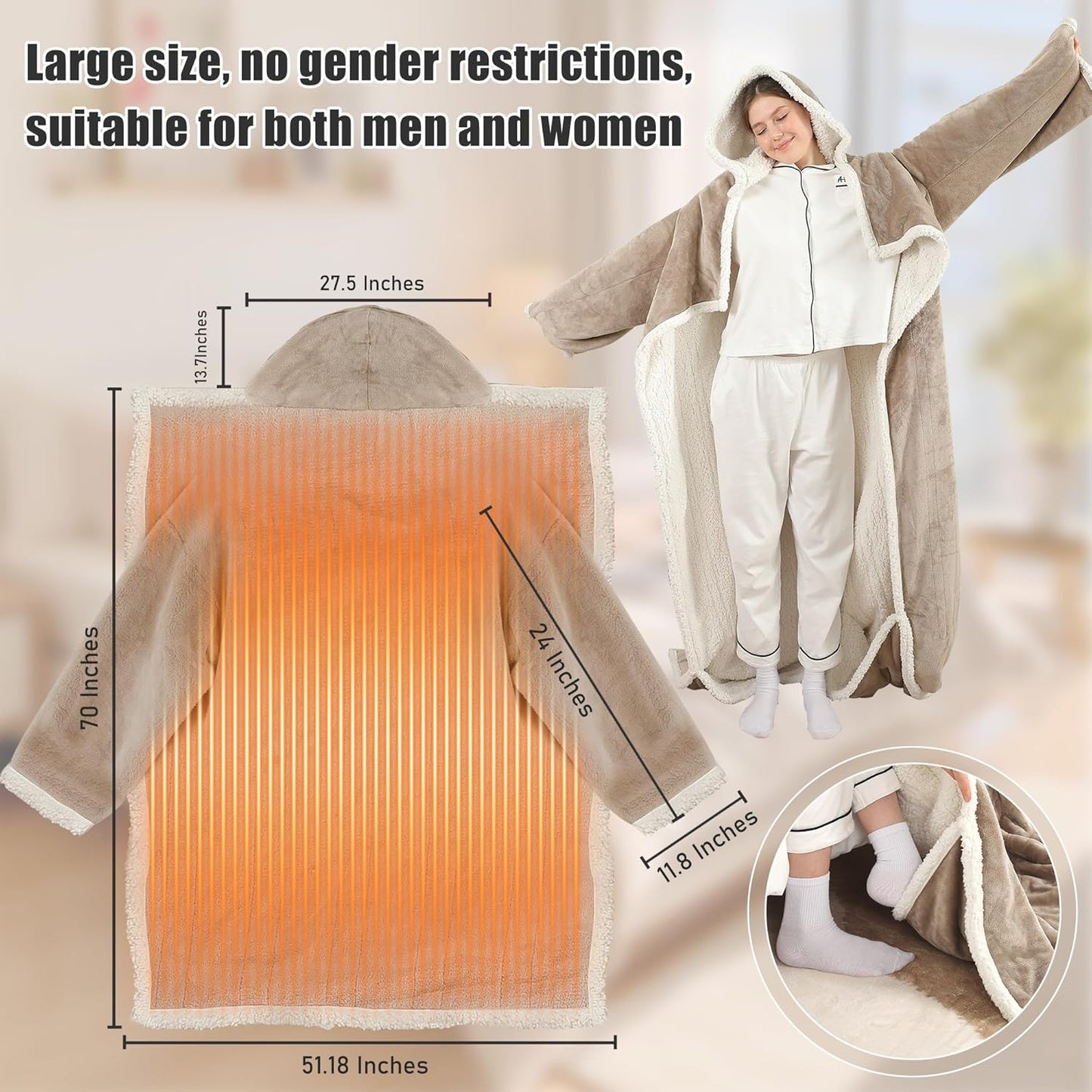 Electric Snuggle Throw Blankets with Foot Pocket, Wearable Heated Throw with Sleeves & Hood, 6 Heat Levels & 1-4H Timer, Full Body Warmth, The Perfect Warming Gift for Women & Men, Camel