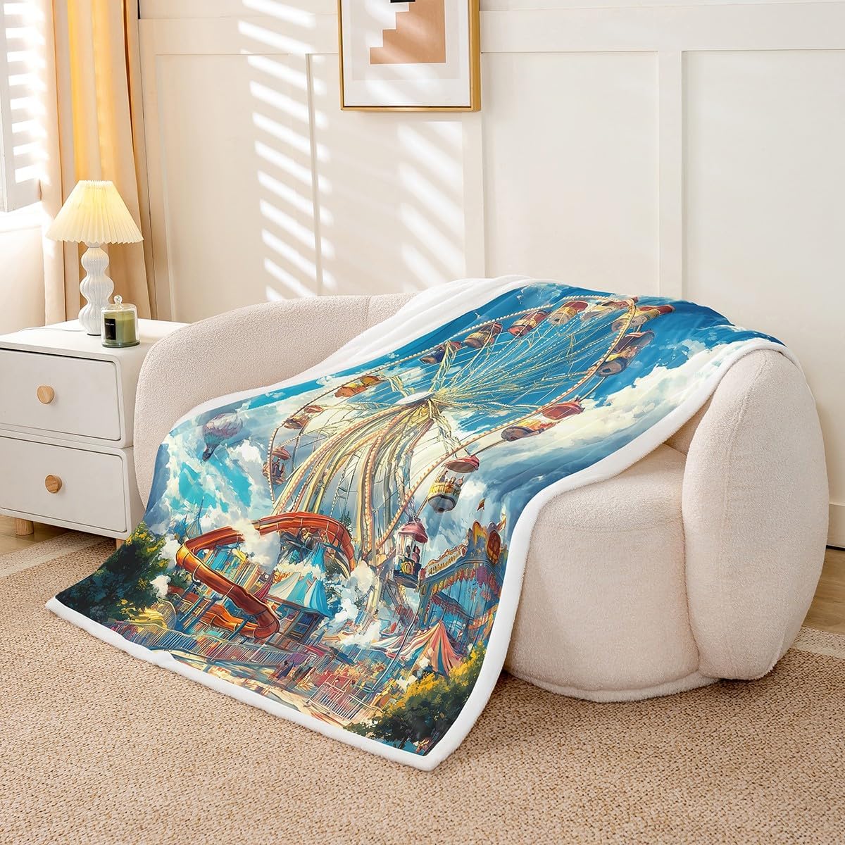 Erosebridal Amusement Park Blanket Throw 50"x60" Cartoon Ferris Wheel Throw Blanket for Kids Funny Sky Clouds Carousel Fleece Blanket City Roller Coaster Happy Holiday Sherpa Blanket