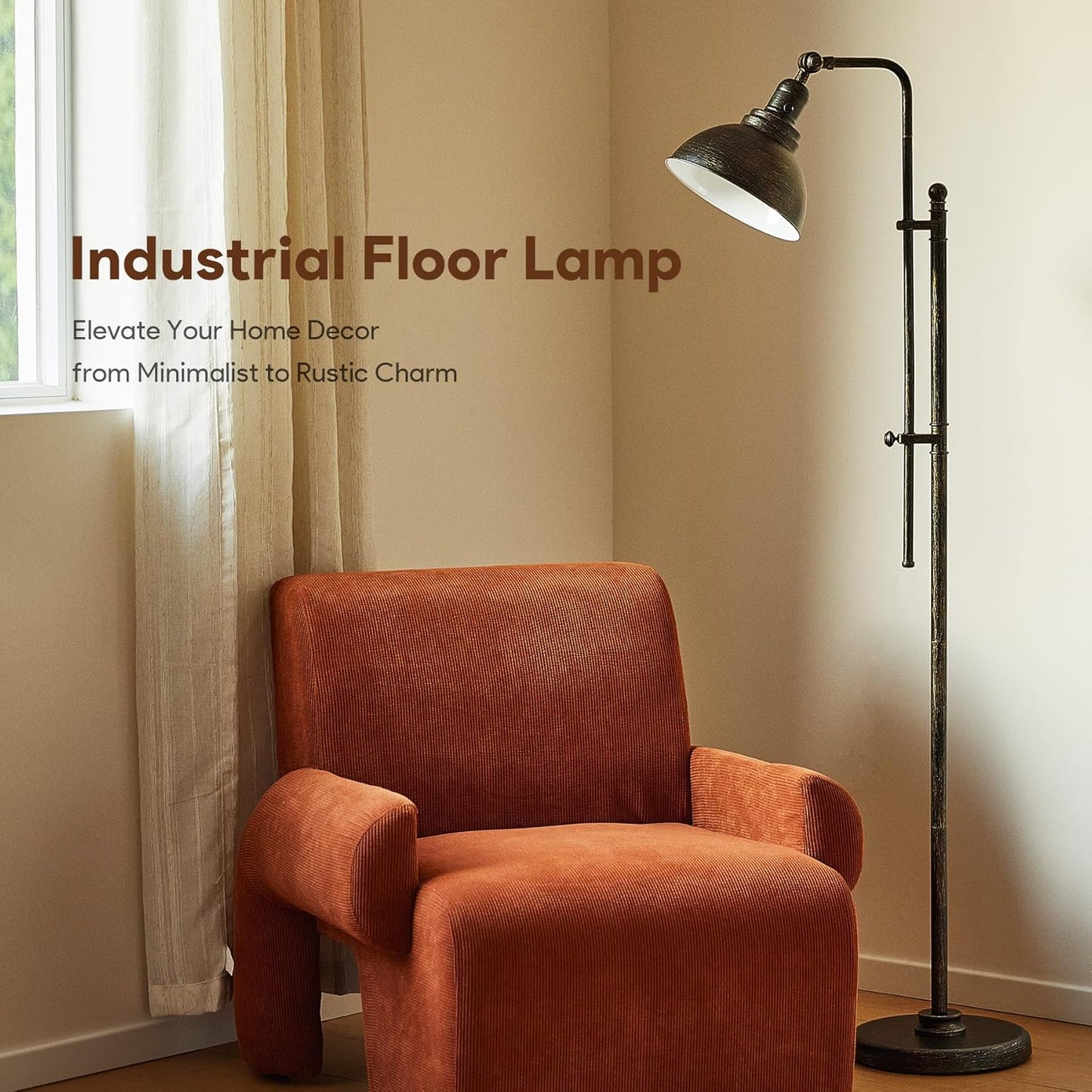 VONLUCE Floor Lamp for Living Room, 65" Tall Industrial Floor Lamp, Adjustable Height & Head Vintage Metal Standing Reading Pole Lamp for Bedroom, Office, Farmhouse