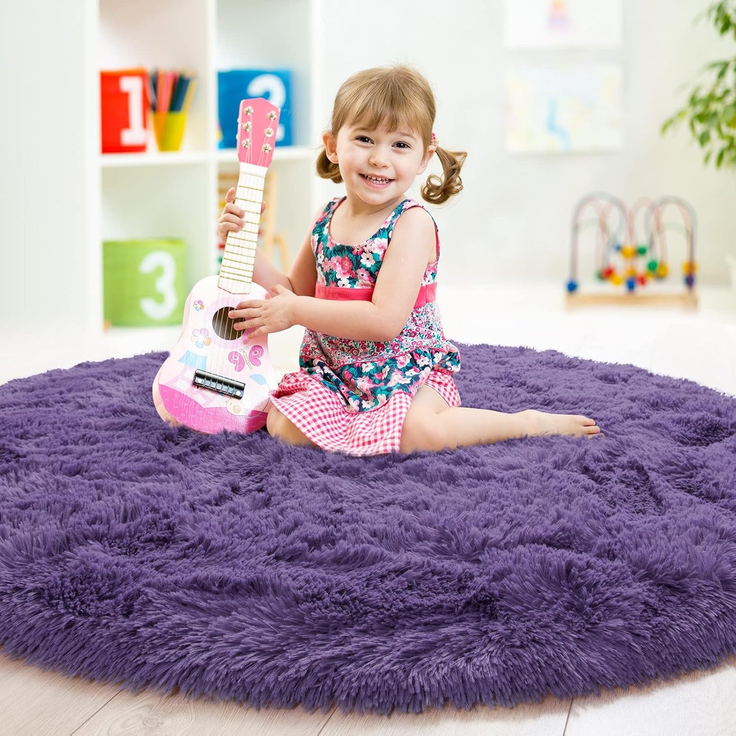 junovo Round Rug 4x4 Feet Fluffy Soft Area Rugs for Kids Girls Room Princess Castle Plush Shaggy Carpet Cute Circle Nursery Rug for Kids Girls Bedroom Baby Room Home Decor Circular Carpet, Gray-purple