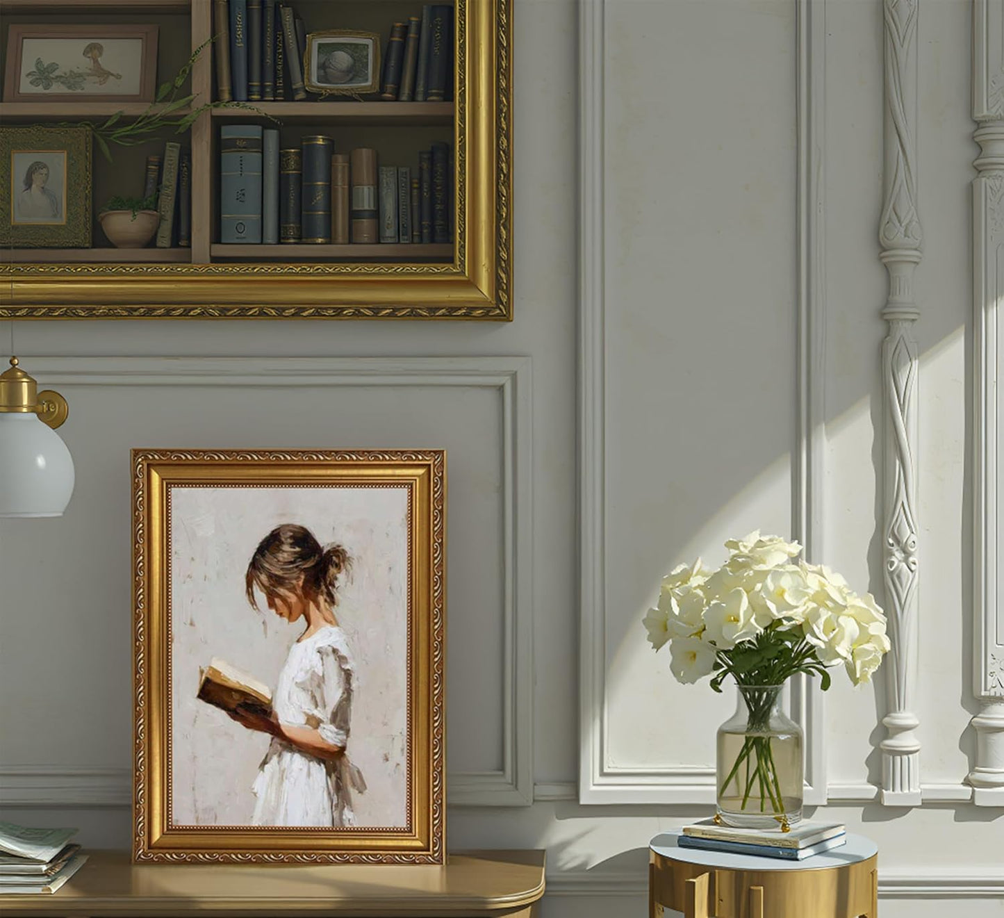 XIGBAWAN Framed Vintage Wall Art Woman Reading Portrait Victorian Gold Frame Canvas Painting Book Lover Reading Room Decor 12x16 Inch
