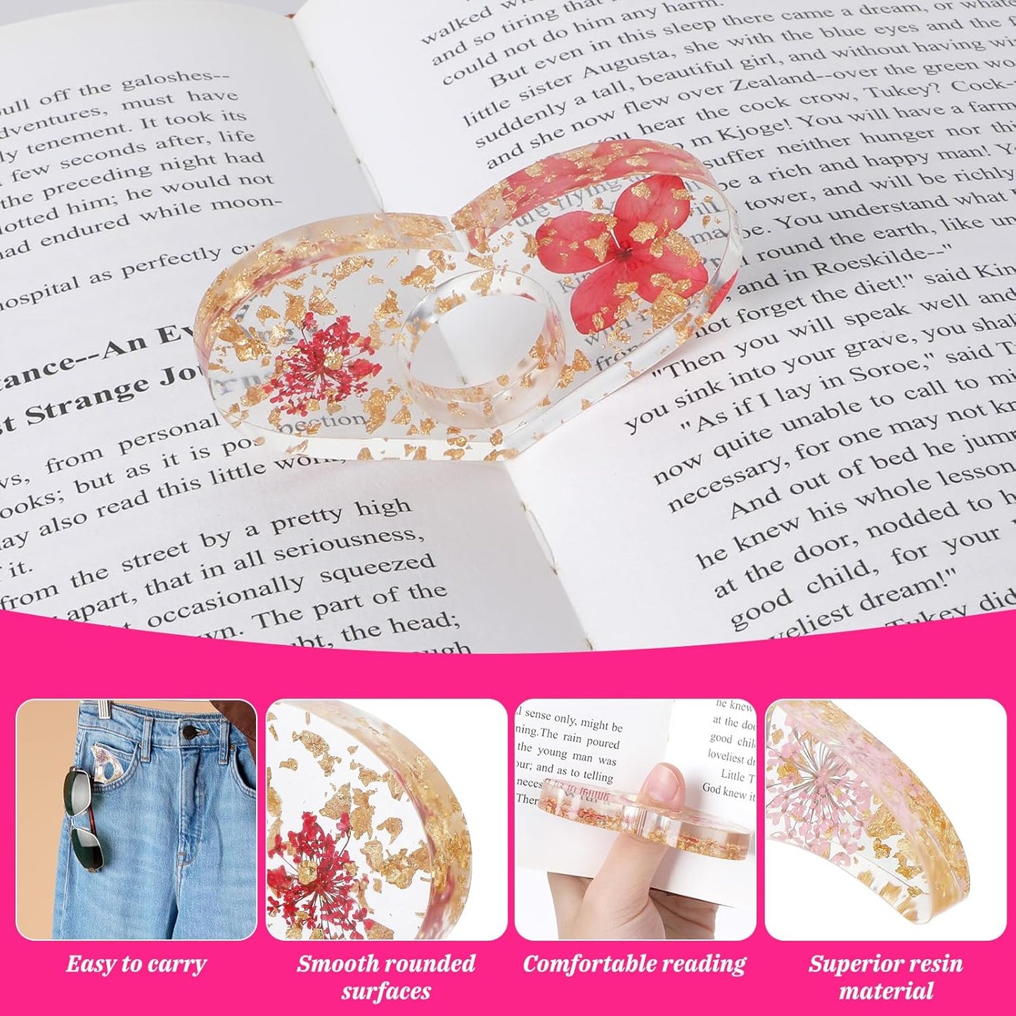 Giantree 4Pcs Dried Flower Book Holder, Handmade Thumb Book Page Holder Resin Clear Floral Book Holder Reading Accessories Ring Book Opener Bookmarks for Teachers Book Lovers