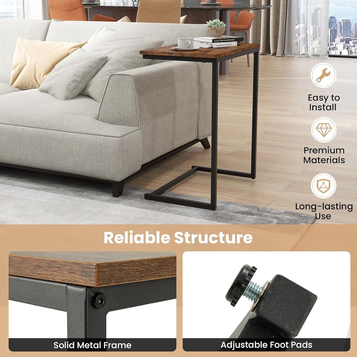GOFLAME C Shaped End Table, Small Snack Side Table for Sofa, Couch, Bed, Laptop Table, TV Trays with Metal Frame for Living Room, Bedroom, Small Space, Rustic Brown