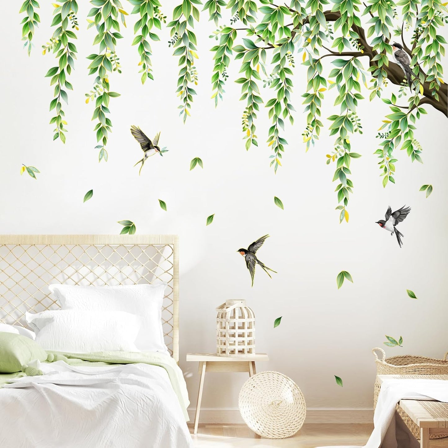 Supzone Large Green Tree Branch Wall Decals Hanging Green Vine Leaves Birds Wall Stickers for Living Room Bedroom Sofa TV Background
