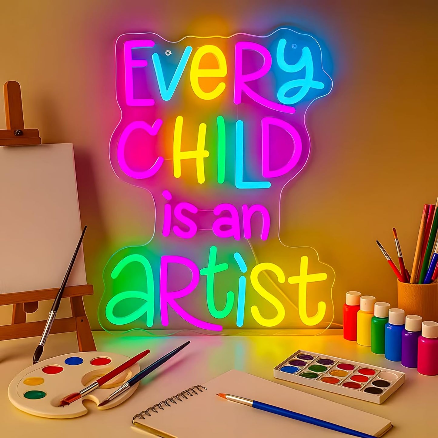 Every Child Is an Artist Neon Sign, Classroom Decor USB Powered Dimmable LED Word Light, Library Reading Corner & Home Study Wall Art, Teacher Gift, Easy Hang Acrylic Backboard