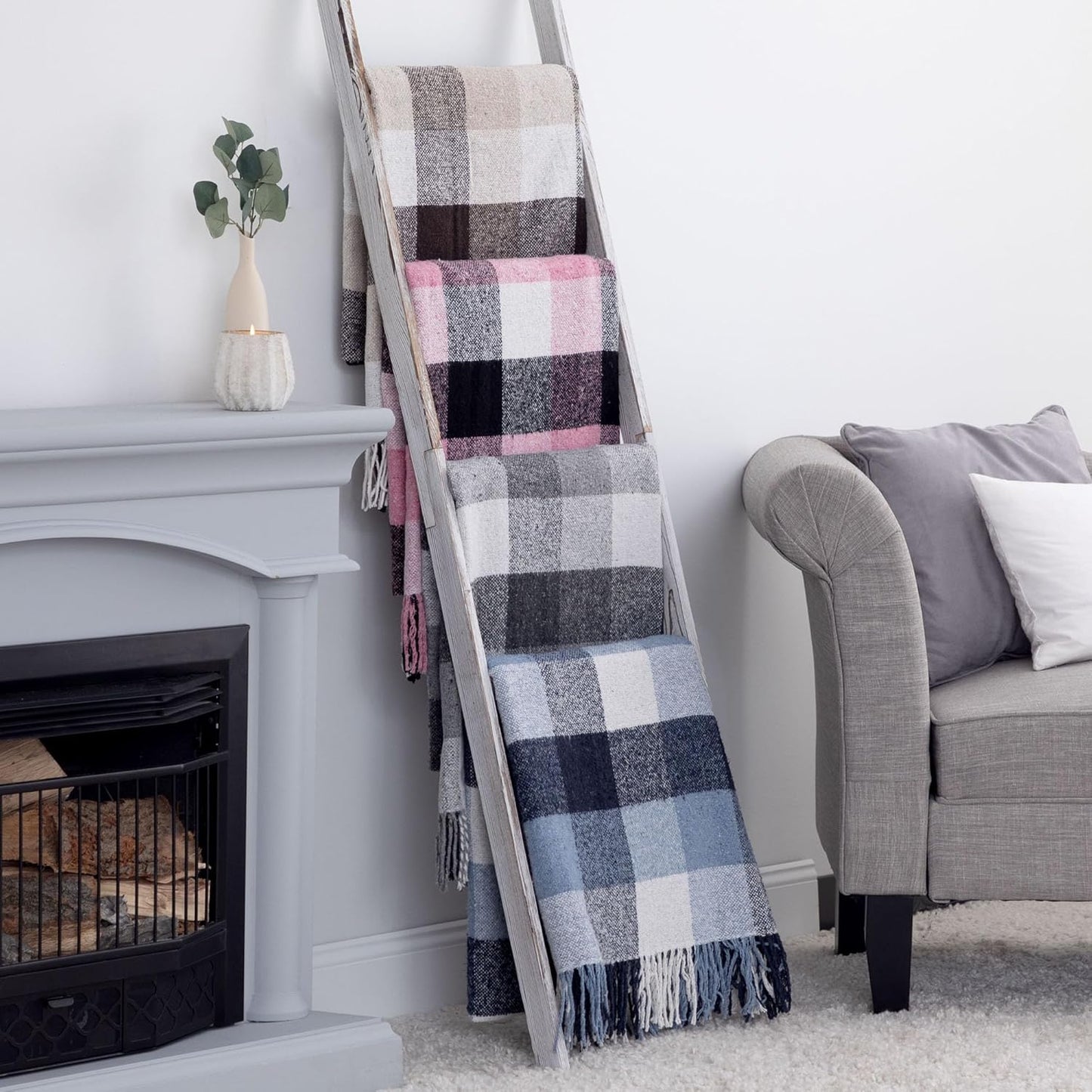 Ukrainian Wool Fringed Throw Blanket Soft Cozy Warm Lightweight Plaid Design 55 x 78 Elegant Home Decor Made in Ukraine (Gray & White)