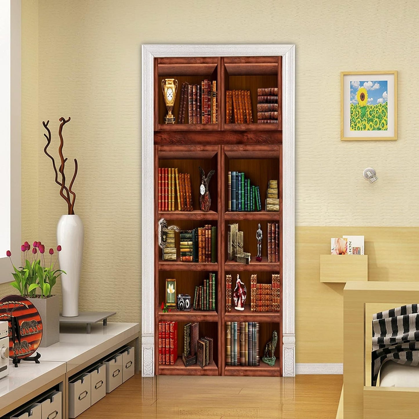 3D Door Stickers for Interior Doors Retro Bookshelf Book Cabinet in Study Room Vinyl Waterproof Self Adhesive Door Mural Decals for Bedroom Office Bathroom 85 x 215 cm