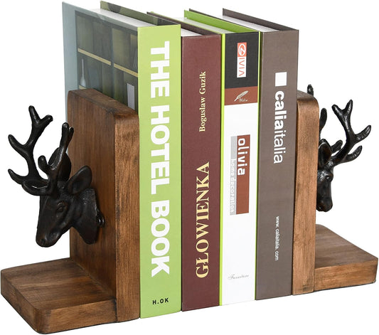 Vintage Cast Iron Deer Head & Antlers Design Decorative Elk Bookends for Shelves, Buck Book Holders, Reindeer Book Organizer, L-Shaped Wooden Desk Organizer, Heavy Duty Non-Skid Bookends (1 Pair)
