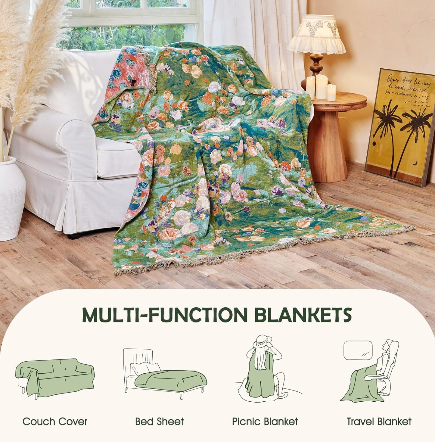 Boho Throw Blanket - 100% Cotton Throw Blankets for Bed Couch, 50"x60" Soft Muslin Lightweight Spring Throw Blanket, Cozy Floral Plant Printed Bohemain Bedding Decor Green Throw Quilt