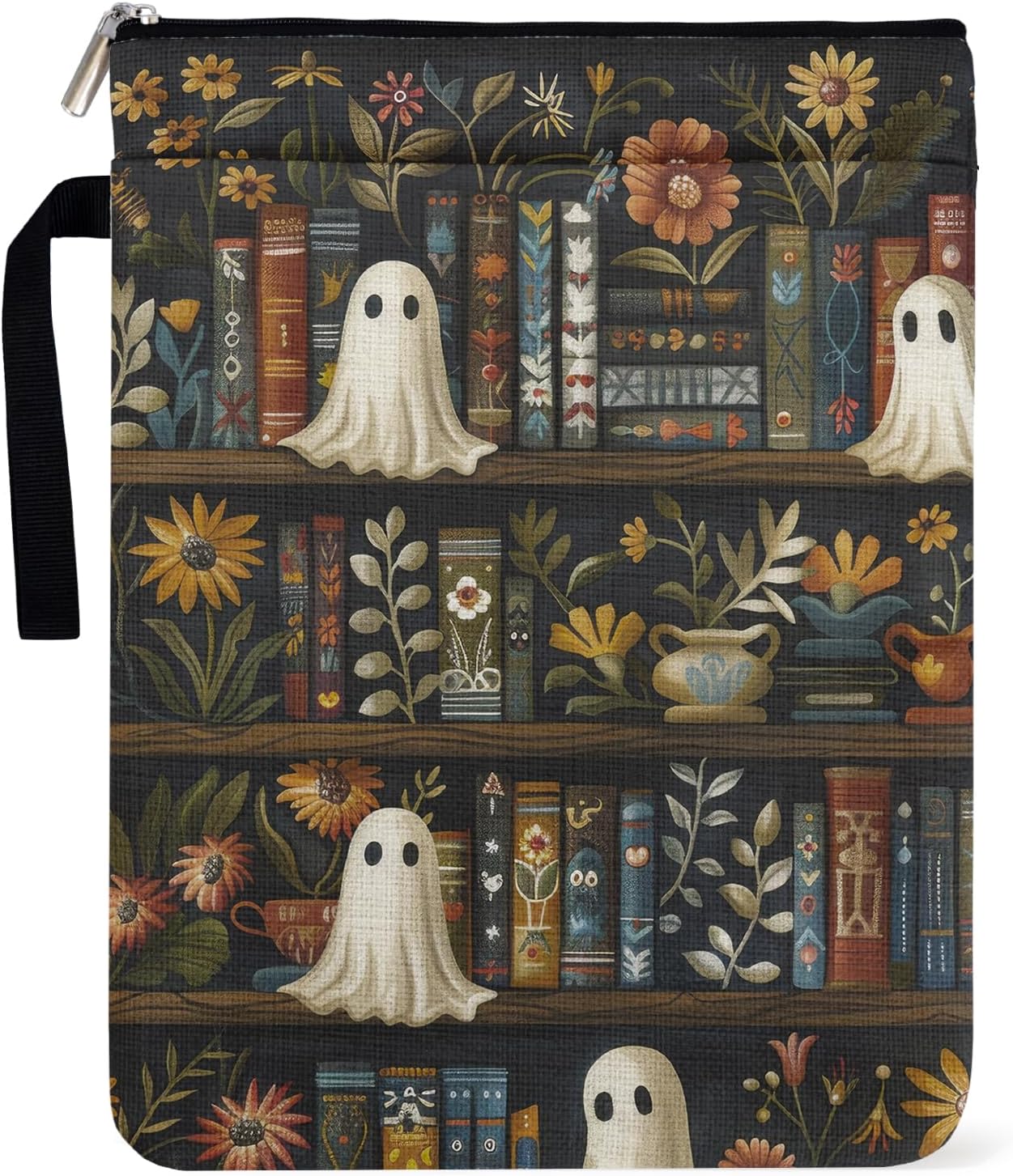 Bookshelf Ghost Pattern Book Sleeve for Book Lovers, Paperback Sleeve for Librarian, Book Cover with Zipper and Handle for paperbacks 9 x 12 Inch, Bookish Group Club Halloween Gifts for Women
