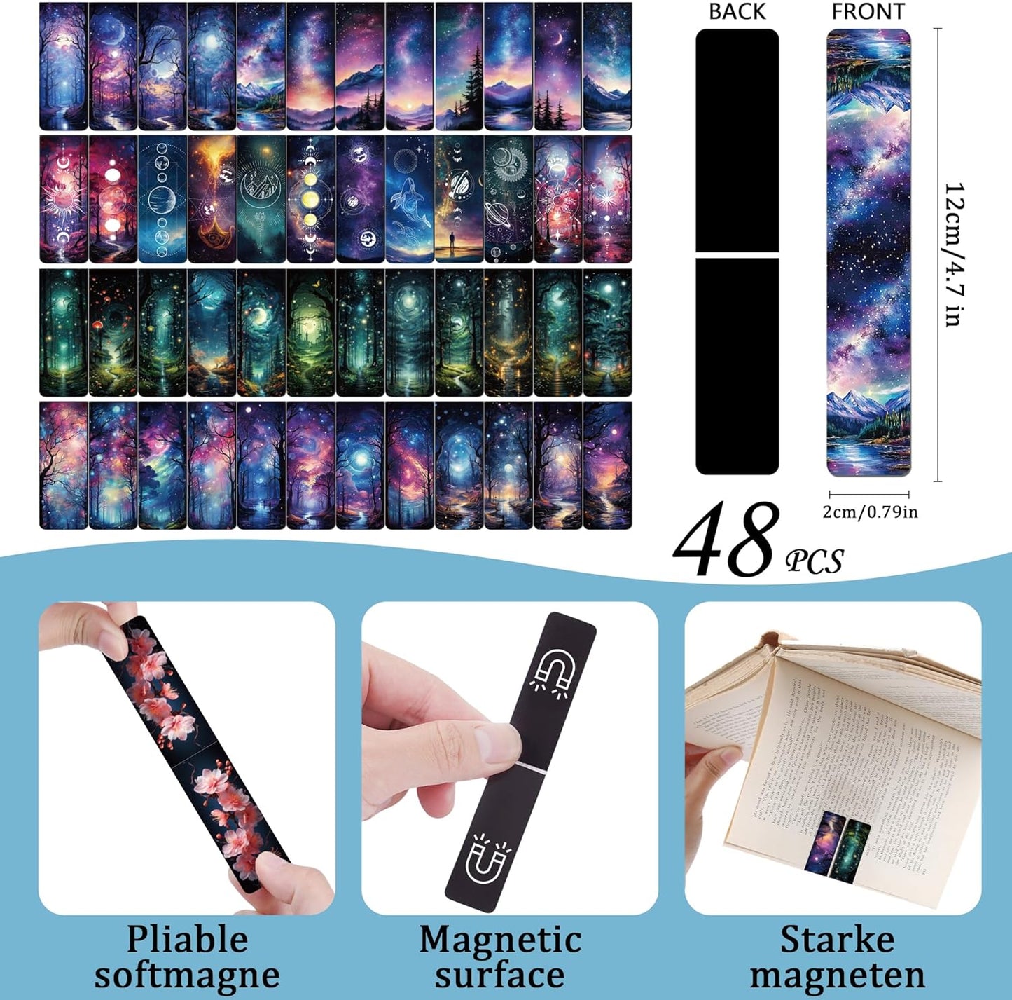 Fantasy Magnetic Bookmarks for Women - 48 PCs Starry Night Moon Book Mark Gifts Bulk Cool Personalized Unique Magnet Page Markers Clips Reading Men Kids Student School Birthday Accessories
