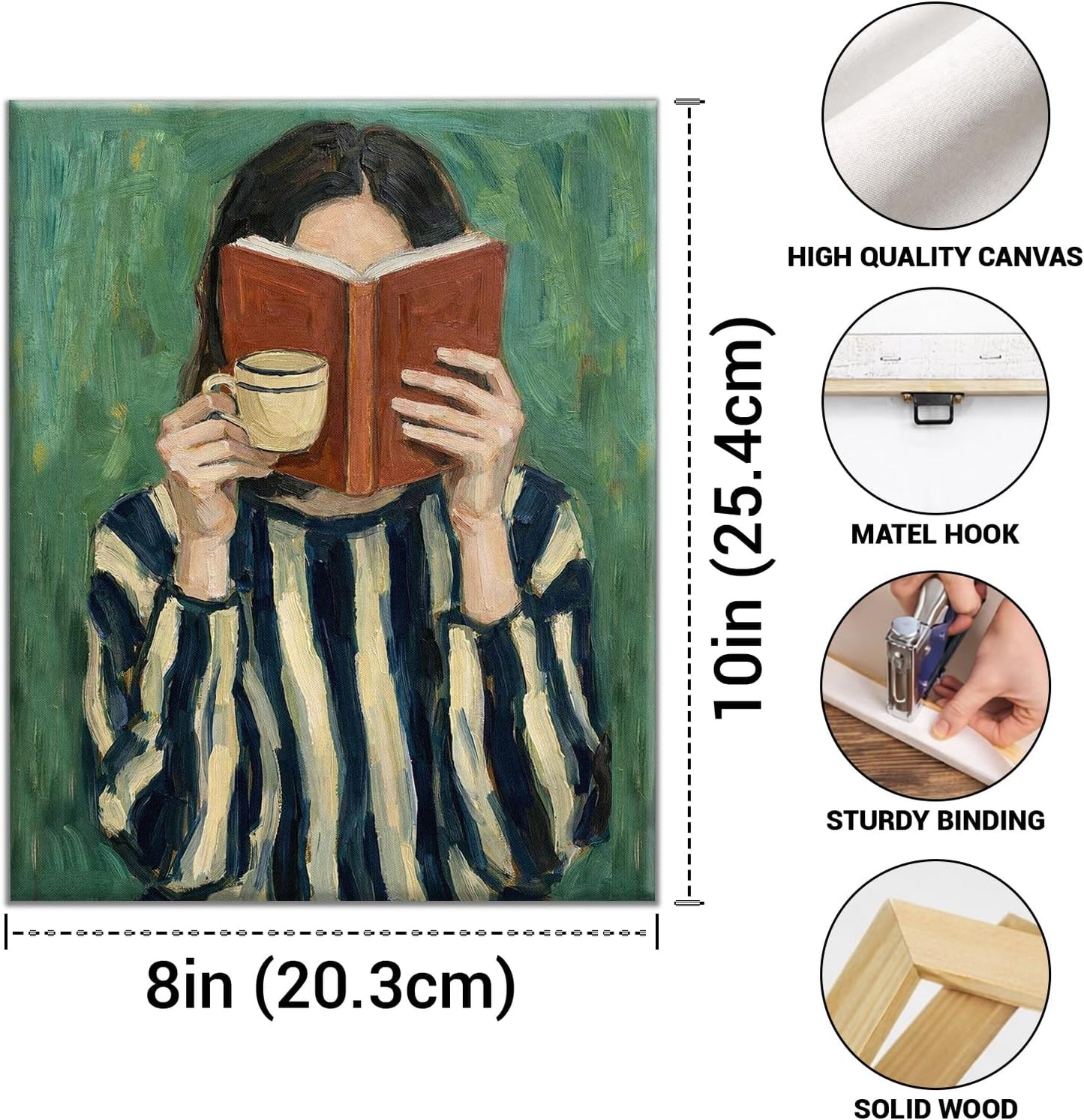 Modern Reading Wall Art, Aesthetic Green Bookish Wall Decor for Bedroom Study Room, Vintage Reading Woman Canvas Prints Poster Framed 8x10 Inch