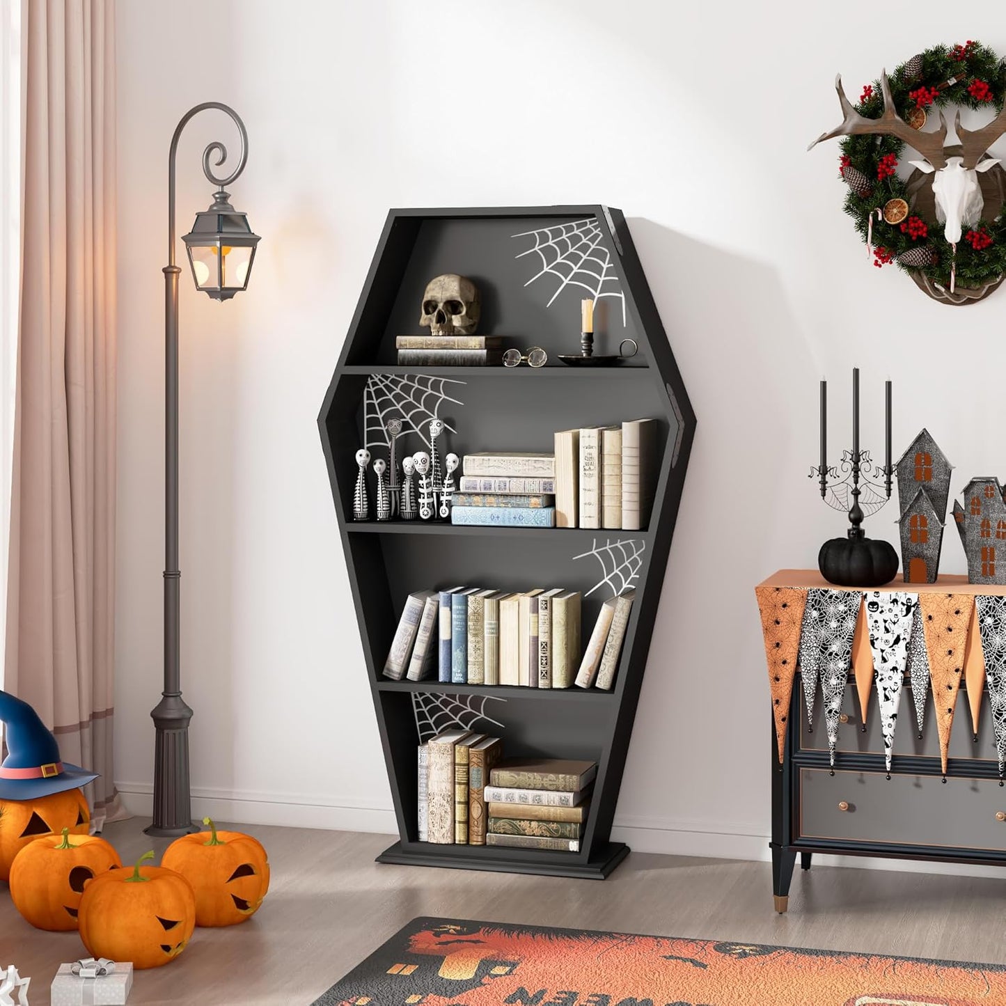 Halloween Goth Coffin Bookshelf 48''H - Wood Tall Coffin Shelf with Spider Web Gothic Decor, Black Spooky Curio Shelf for Home Decor
