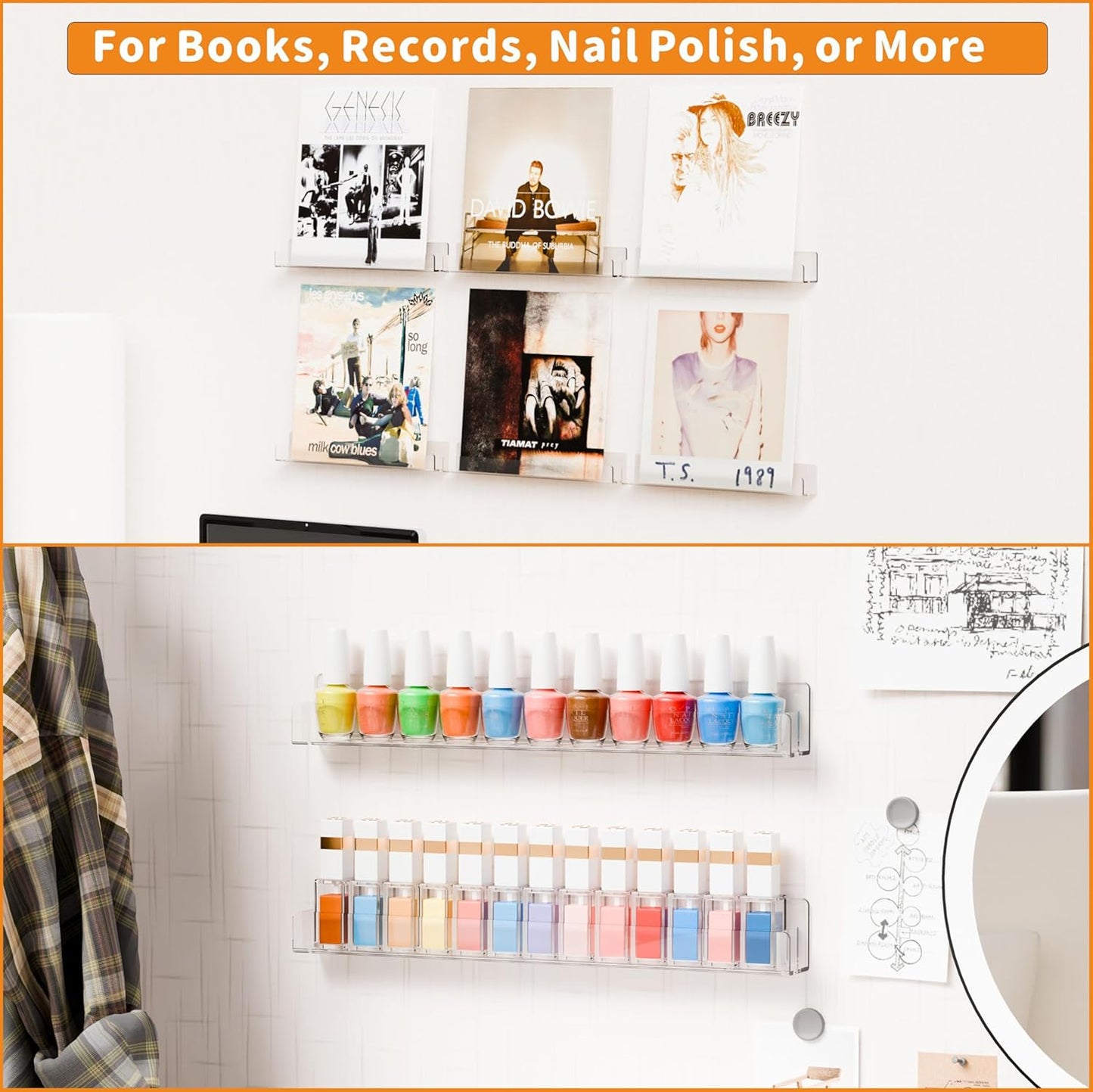 Cq acrylic Invisible Clear Floating Bookshelf - 15" Hanging Wall Mounted Display Shelf for Kids Room, Modern U Shaped Ledge for Books,Picture,Toys, Vinyl Records Wall Display Shelf,Pack of 6