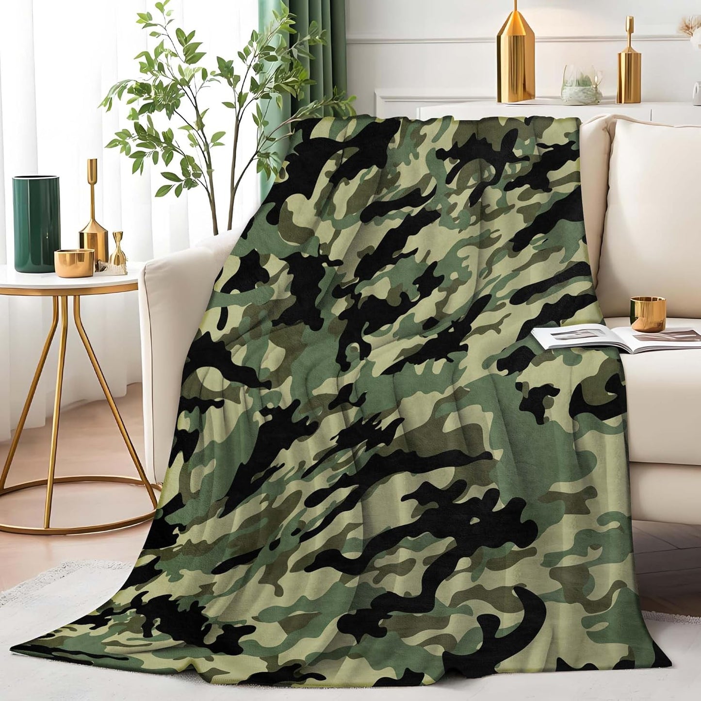 Green Camo Throw Blanket Military Style Flannel Blankets for Couch Bed Living Room Sofa, Decorative Patterned Super Soft Cozy, 50x60 in