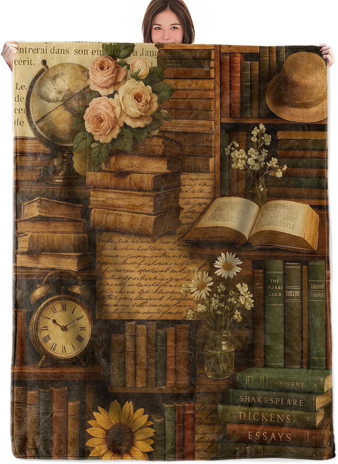 Vintage Book Lover Throw Blanket Gifts for Boys Girls Kids Adults, Rustic Library Flannel Blankets for Travel Sofa Living Room Decor 50"X60"