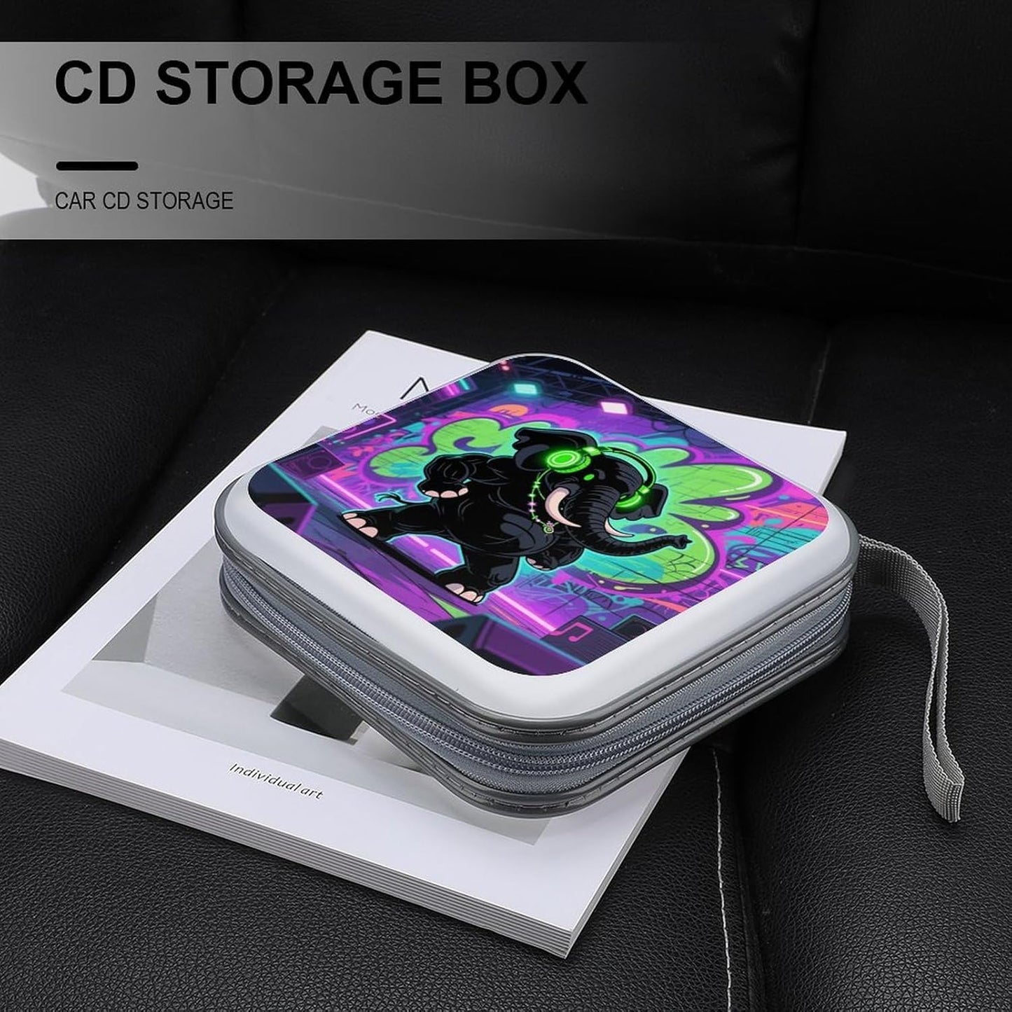 Elephant with Headphones CD Case Portable Zipper CD Case 40 Capacity Hard Plastic DVD Cases Holder Large Storage Disc Wallet Bag for Car Home Travel DVD Collection Bag