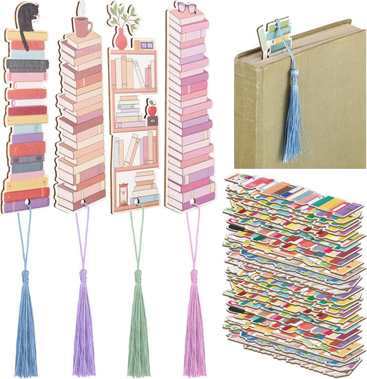 60 Pcs Wooden Bookmarks for Book Lovers - 15 Designs With Tassel - Retro Bulk Bookmarks for Reading, Gifts for Men, Women, Teachers, Students - Birthday, Book Club, Party Favors