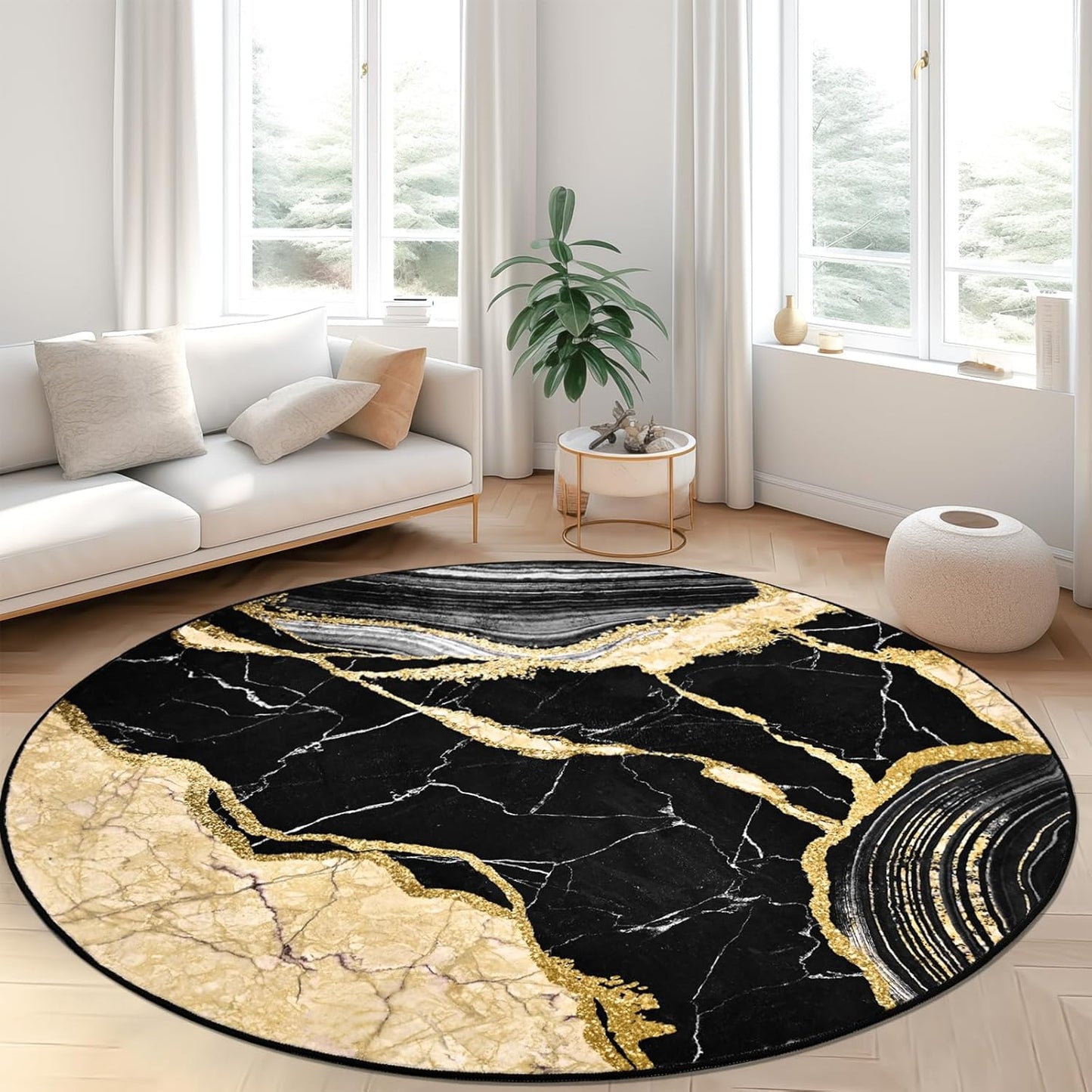 ASPMIZ Black and Gold Round Rug 4ft Washable Round Area Rug for Living Room, Faux Wool Marble Bedroom Rugs Non Slip, Soft Modern Floor Carpet Low Profile Rugs for Dining Room Home Office Decor