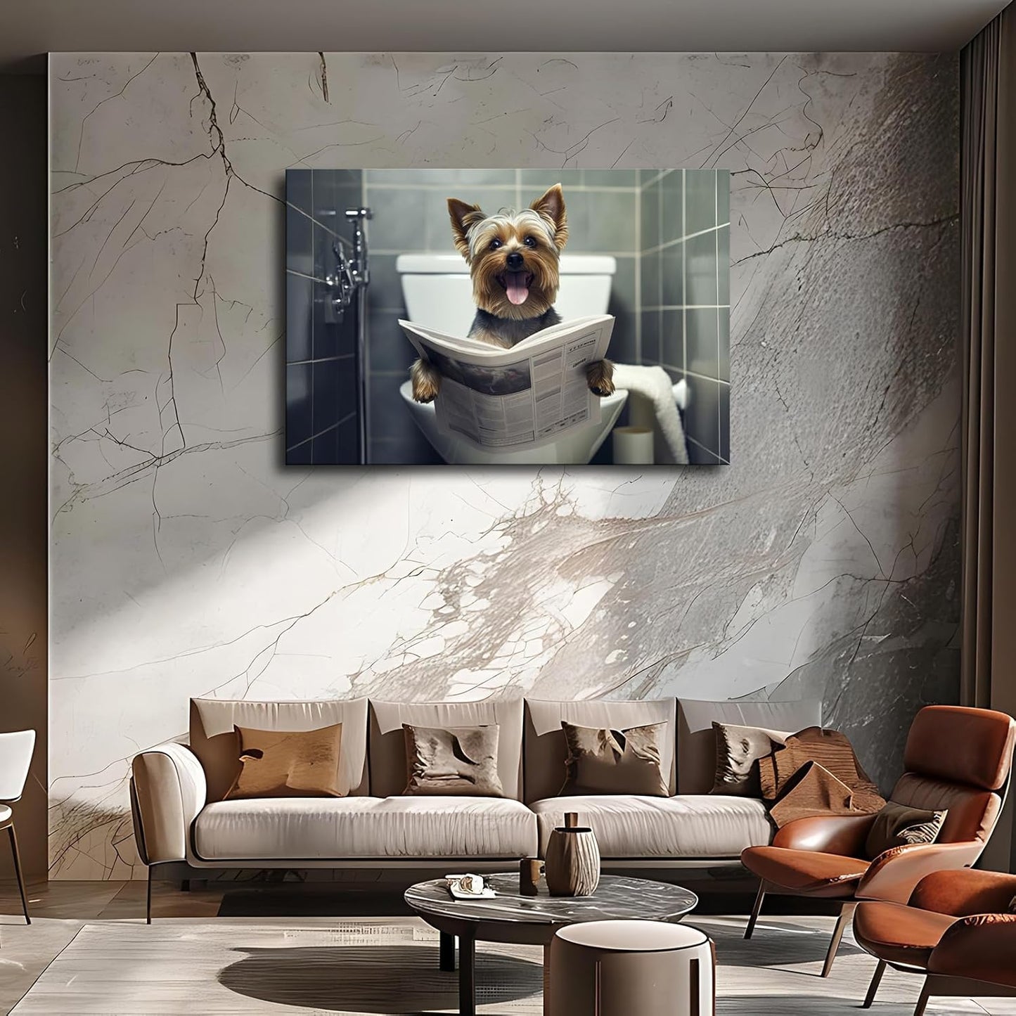Funny Dog Bathroom Wall Art Dog Reading the Newspaper on Toilet Poster Wall Decor Wall Art Printing Picture Canvas Living Room Decor Painting Framed and Unframed. (12x18inch-Framed)