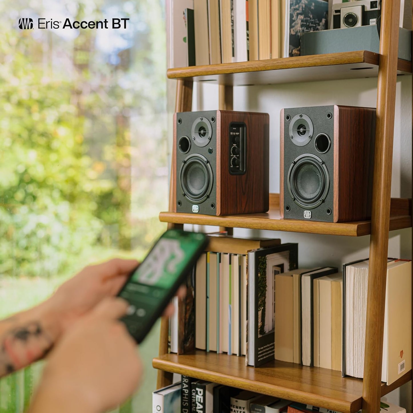 PreSonus Eris Accent BT 60W Powered Bookshelf Bluetooth Speakers – Studio Monitors for Turntable, Home, 4" Woofer, Silk Tweeter, USB-C, Optical, RCA, Coax, Remote, Sub Out, Wired Option, Wood Grain