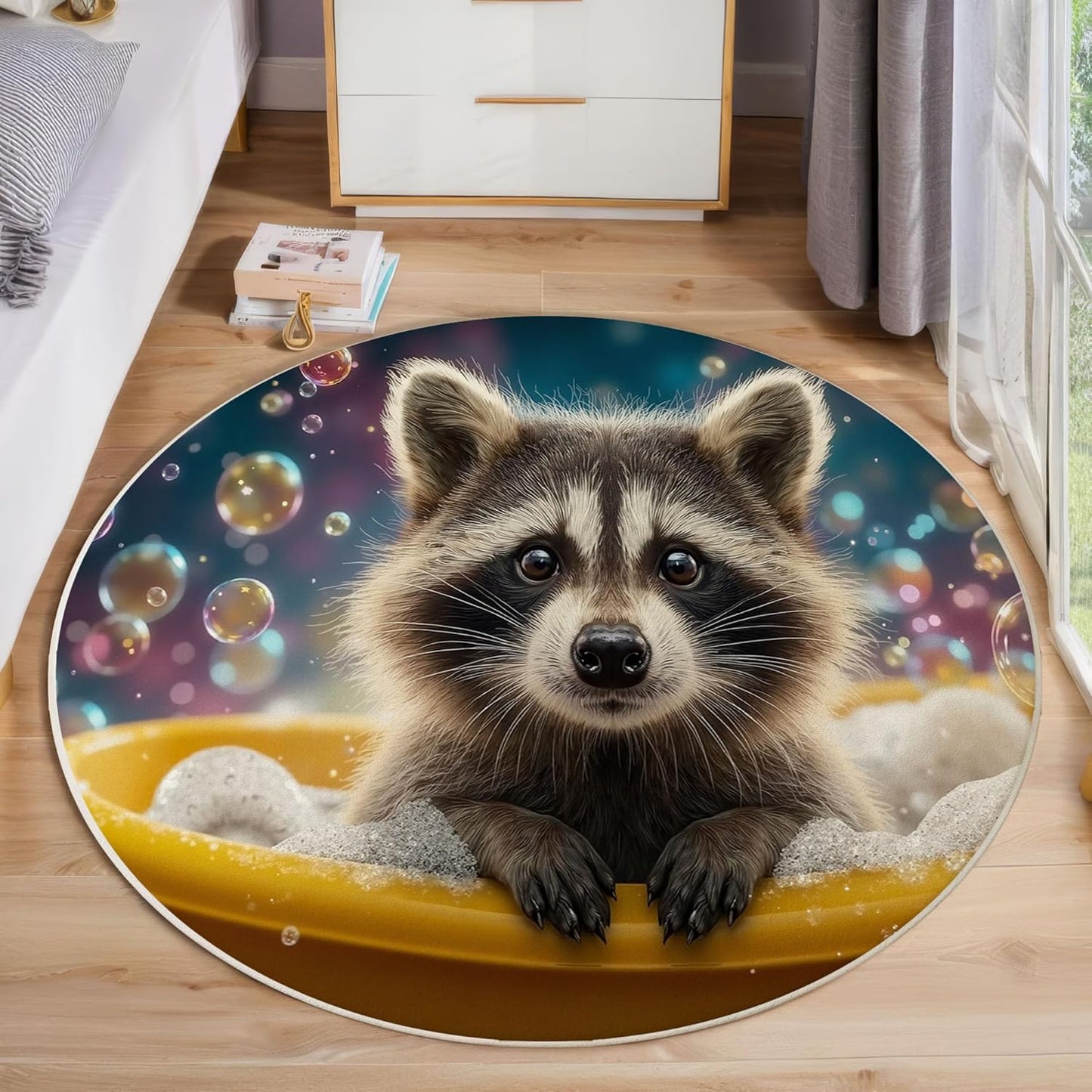 Round Area Rug, 3Ft Washable Non-Slip Blue Brown Raccoon Bubble Bath Circle Rug, Soft Low-Pile Fun Animals Indoor Small Circular Carpet for Bedroom Entryway Dining Living Room