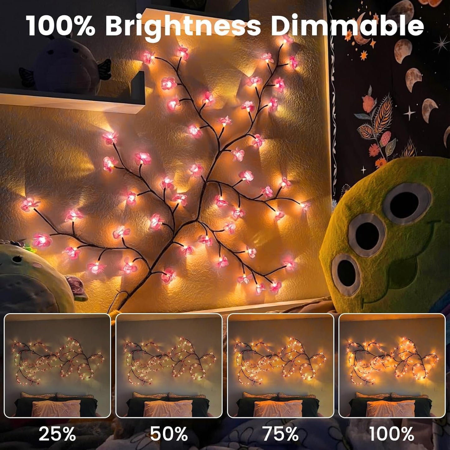 LED Tree Branch Lights for Wall 5.25FT 72LEDs Cherry Blossom Lights with Remote and 8 Lighting Modes Cherry Blossom Garland Willow Vine Light for Bedroom Indoor Wall Wedding Christmas Decor