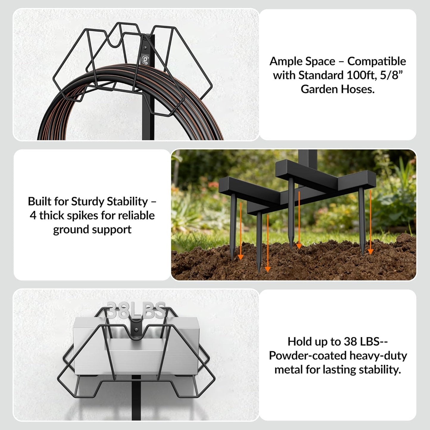 Giraffe Tools Garden Hose Holder- Heavy-Duty Freestanding Metal Stand, Holds 100FT Hose with 4 Spikes,Sturdy Hose Storage Stand for Outside Yard,Lawn,Garden,Black