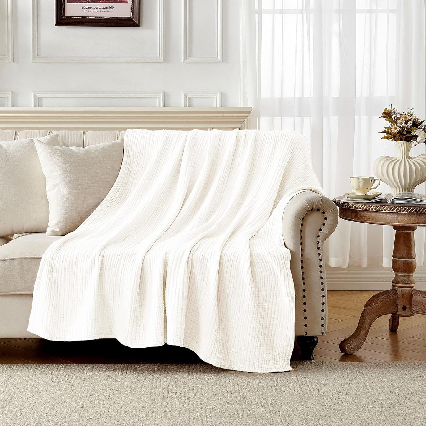 Joydeco 100% Cotton Muslin Throw Blanket for Couch Bed and Sofa, 4-Layer Lightweight and Breathable Soft Gauze Blanket for All Season, Luxury Throws Cotton Blanket Gift(White, 90"x90")
