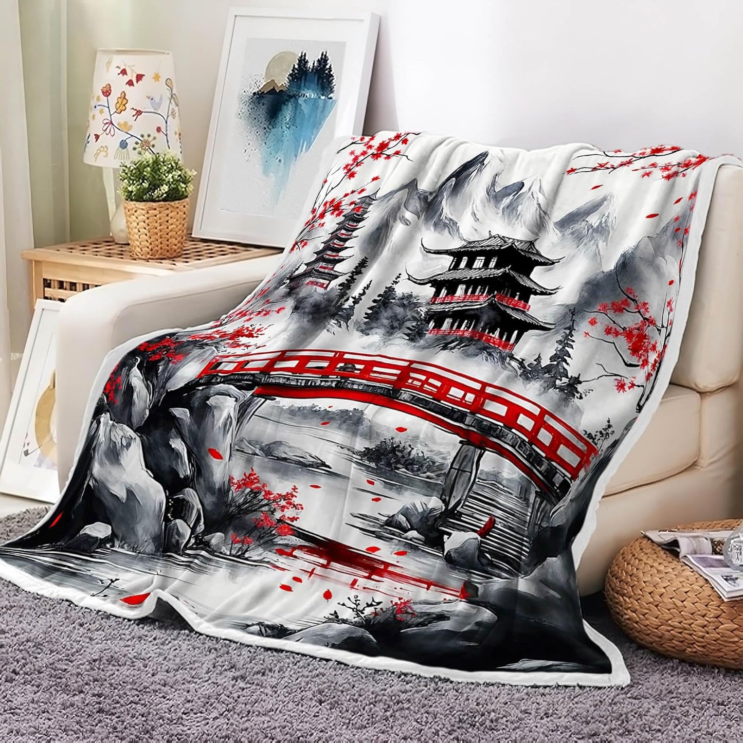 DYNH Japanese Cherry Blossom Throw Blanket, Mountain Cherry Branches Red Sun Ink Painting Asian Nature Scenery Soft Warm Flannel Black White Grey Throw Blanket,50X60