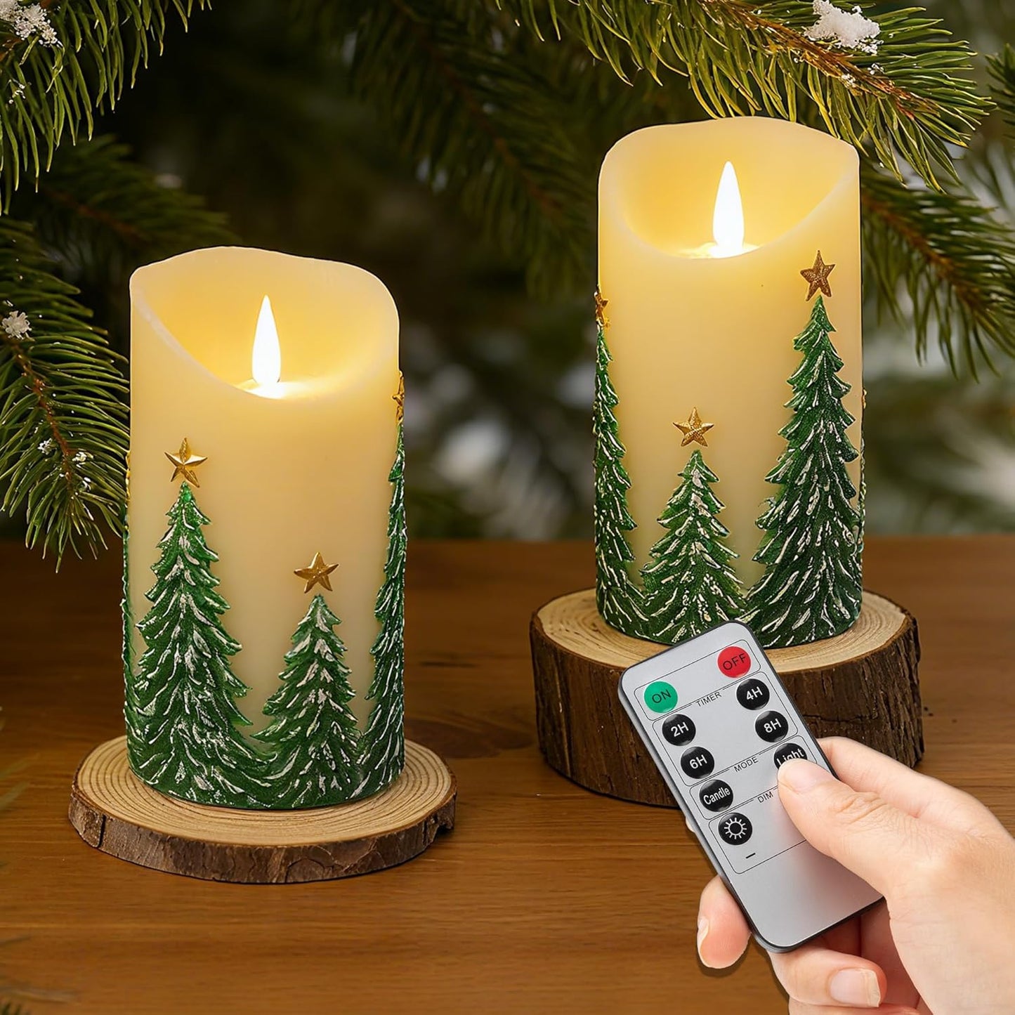 Christmas Embossed Tree Flameless Candles with Remote, Battery-Operated Real Wax LED Candle with Flickering Flame, Christmas Home Decor, Set of 2