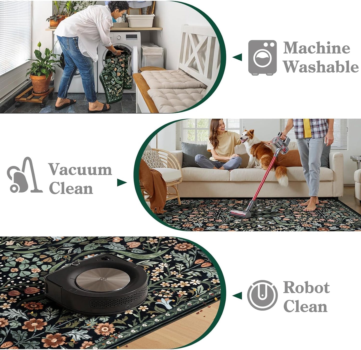 Moynesa Floral Washable Rugs, 8x10 Area Rug for Living Room, Soft Large Boho Bedroom Rug, Botanical Non Slip Ultra Thin Floor Carpet for Dining Room Nursery Office, Black