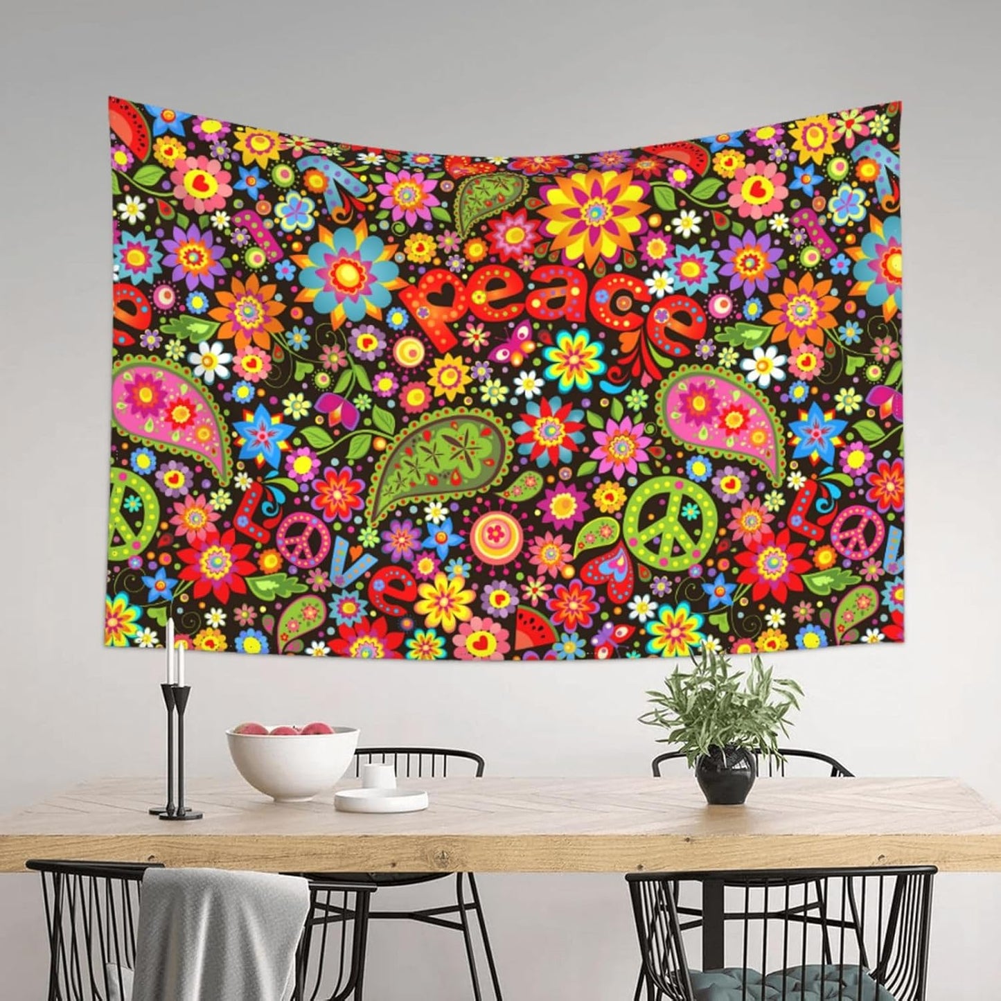 KOSUES 60s 70s Hippie Flowers Peace Sign Love Symbol Tapestry Wall Hanging Tapestries Wall Backdrop Room Poster Art Aesthetic Decor for Home Office Bedroom Living Room Dorm 60x40 Inch