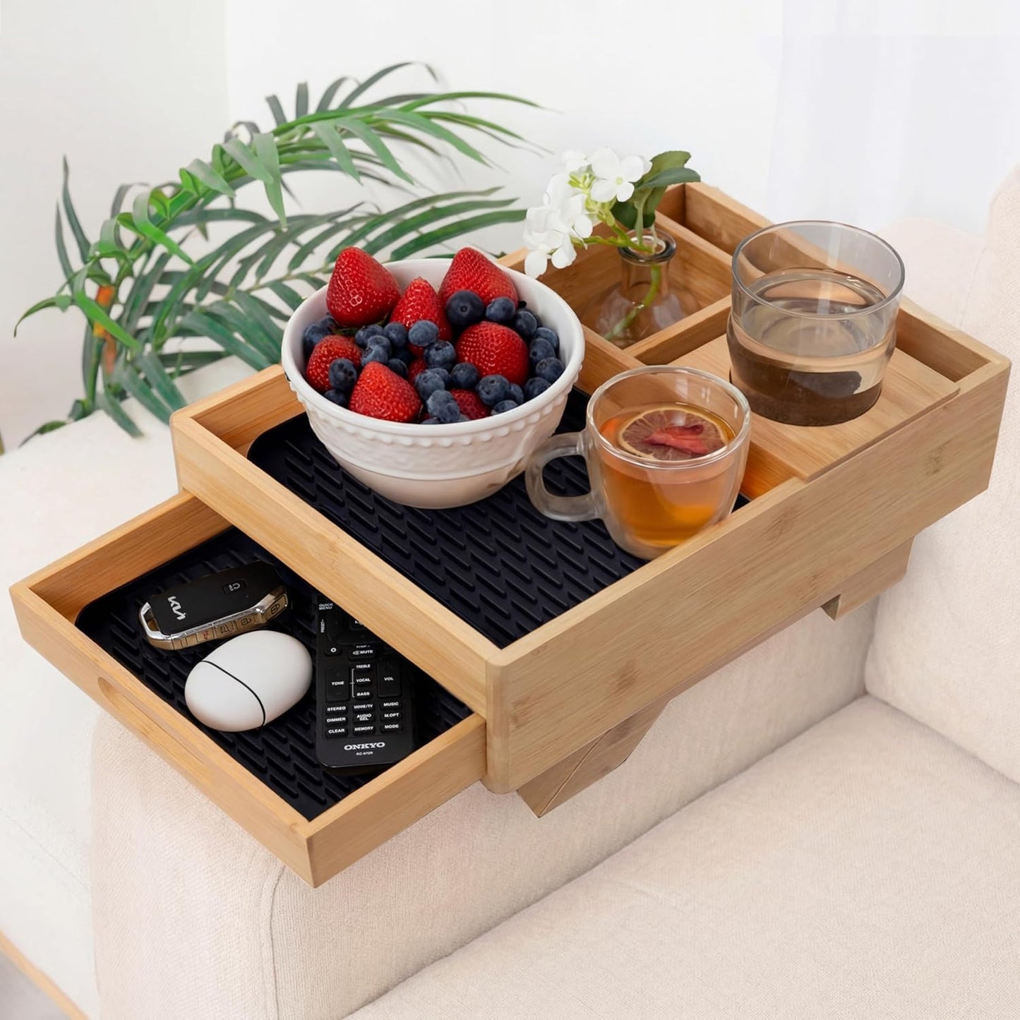 7-in-1 Sofa Armrest Tray with Drawer, Clip-On Side Table for Wide Armrest, TV Organizer with Cup Holder, Phone Stand, Remote Storage, Drinks, Snacks, and Accessories