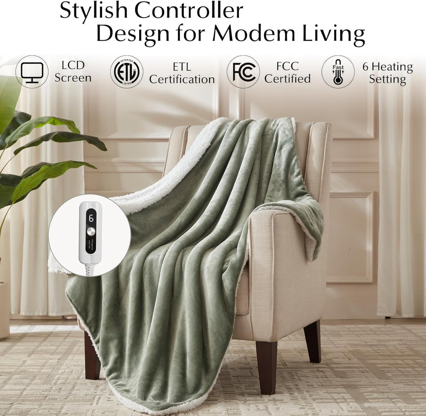 Electric Heated Blanket Throw Size, Soft and Cozy Thickened Flannel and Sherpa Electric Blanket for Bed, Automatic Safety System 6 Heating Levels & 10 Hours Auto-Off, 50"x60" Icelandic Green