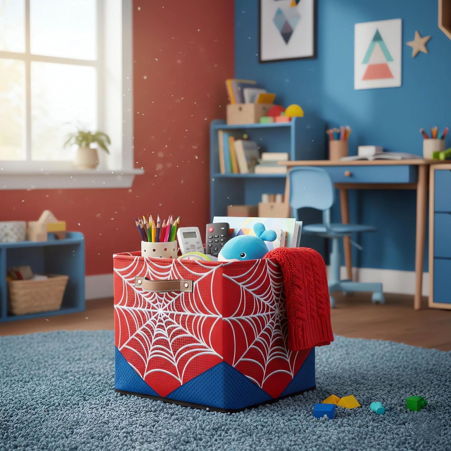 Red Spider Web Storage Cubes Bins, 13 Inch Collapsible Fabric Organizer Baskets Box with Leather Handles for Kids Toys Blanket Clothes, Home Nursery Bedroom Decor