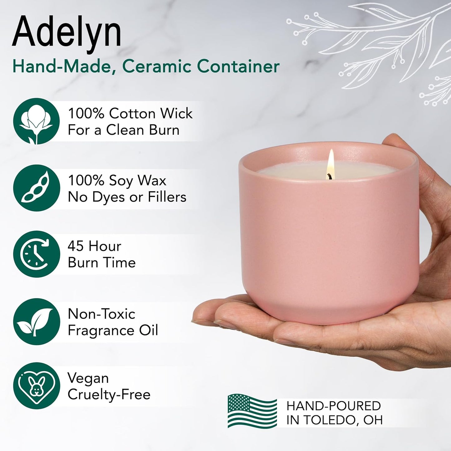 Hyggelight - The Growing Candle, Mint & Eucalyptus Scented, 8oz Ceramic Pot, Aromatherapy Candles, 100% Soy, Adelyn