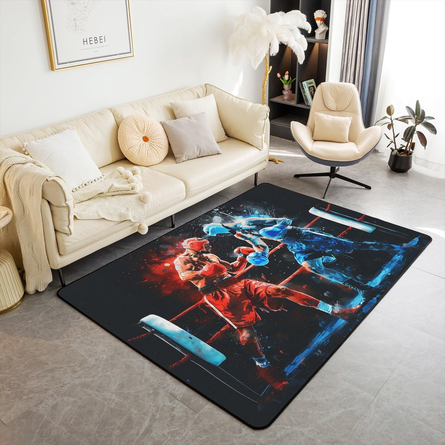 Erosebridal Boxing Area Rug 4'11" x 3'3" Sports Game Living Room Rugs for Kids Boys Men Pugilism Games Ice Flame Gloves Inspirational Red Blue Decorative Carpet Non Slip Indoor Floor Mat