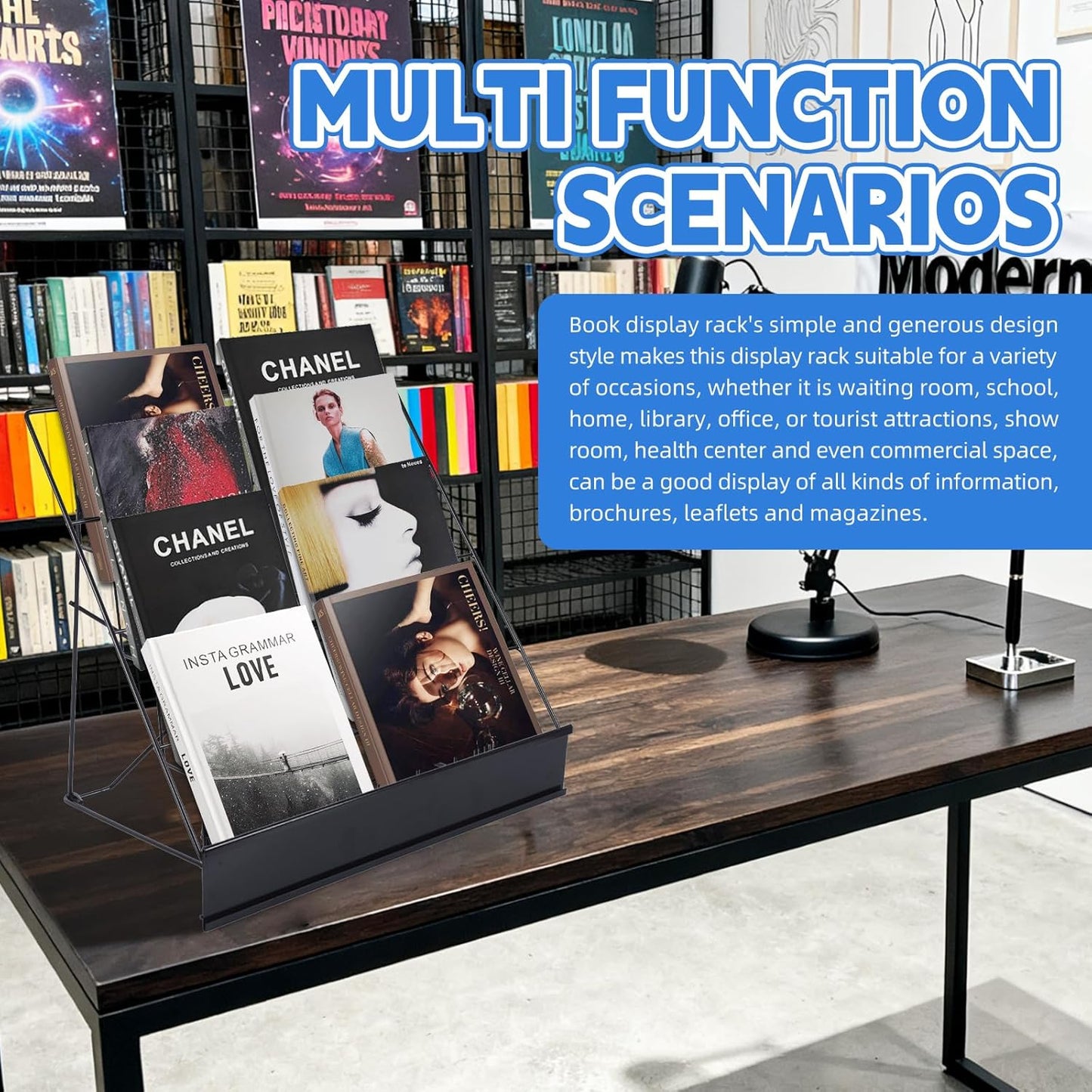 Book Display Rack with Storage Bag, Book Signing Rack, 4 Tiered Tabletop Magazine Display Rack for Library Classroom Picture Literature Brochure 16.14" x 17.95" x 17.24"