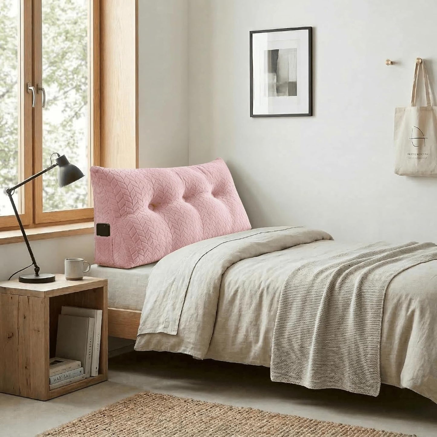 Headboard Pillow Twin Size, Reading Pillow for Bed, Leaf Pattern Wedge Pillow, Tufted Backrest Support, Headboard Substitute, Pink