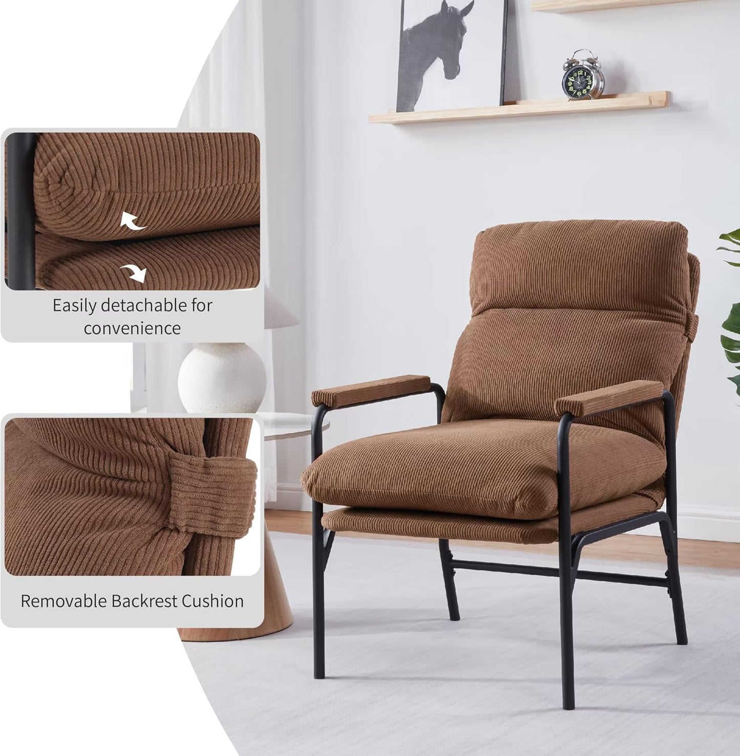 Modern Recliner Chair with Adjustable 3-Level Backrest & Removable Corduroy Cushions - 396 lbs Capacity Metal Frame Lounge Chair for Living Room, Bedroom, Office - Ergonomic Reading & Gaming Seat