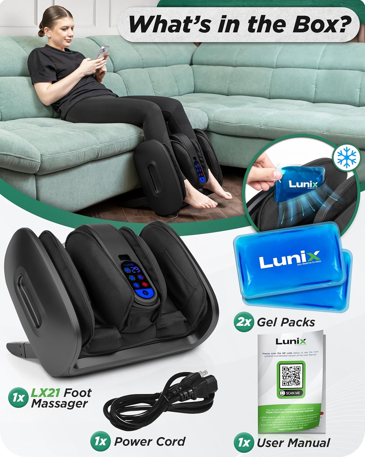 Lunix LX21 FSA Foot and Calf Massager with Remote, Neuropathy & Plantar Fasciitis Relief, Adjustable Leg Ankle Deep Kneading Shiatsu Therapy, Blood Circulation, Hot Cold Pockets, Granite Black