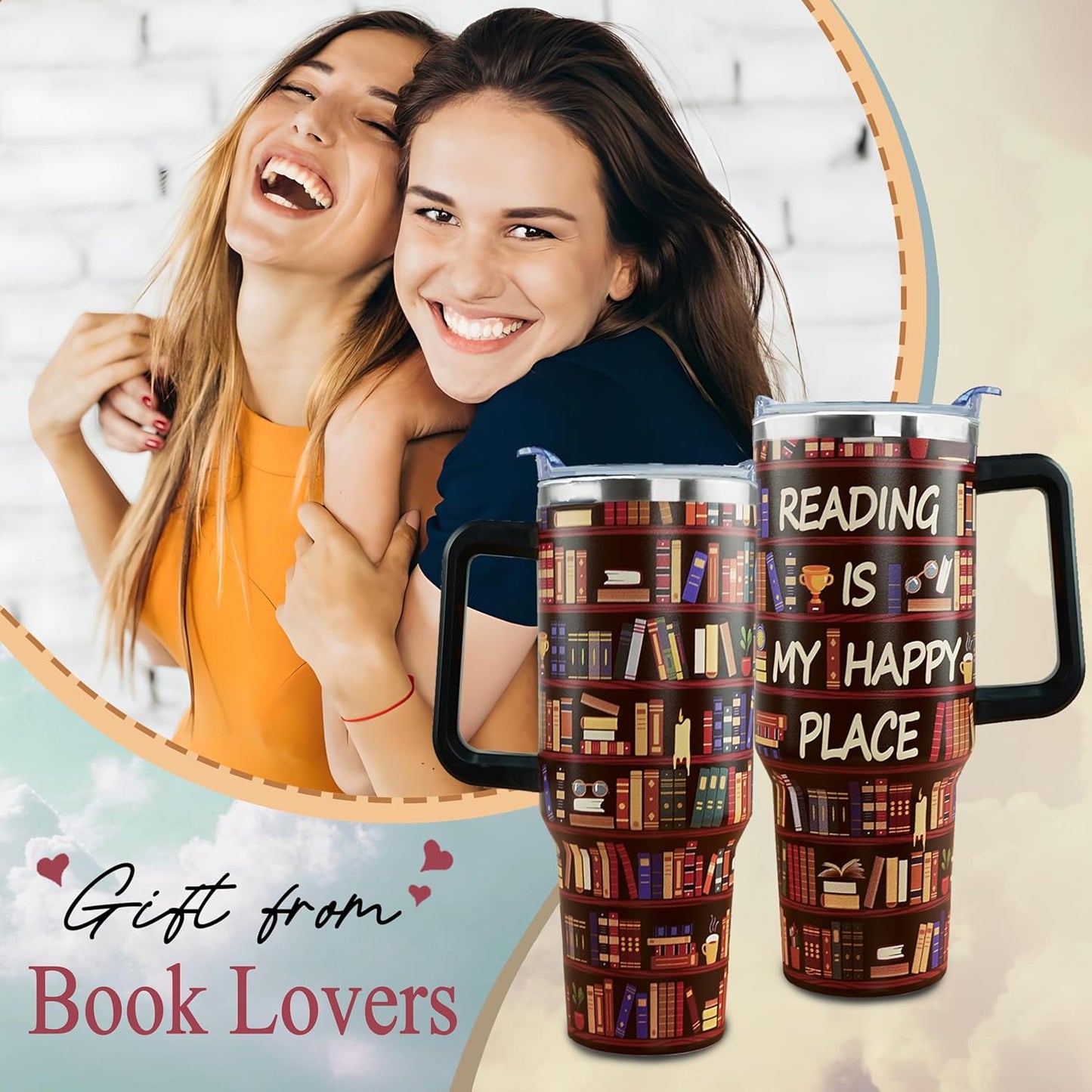 Book Lover Tumbler - Gifts for Book lovers, Readers, Bookworms on Birthday and Christmas, 40 oz Tumbler with Handle and Straw and Leak Proof Lid, Reusable Stainless Steel Books Lover Mug
