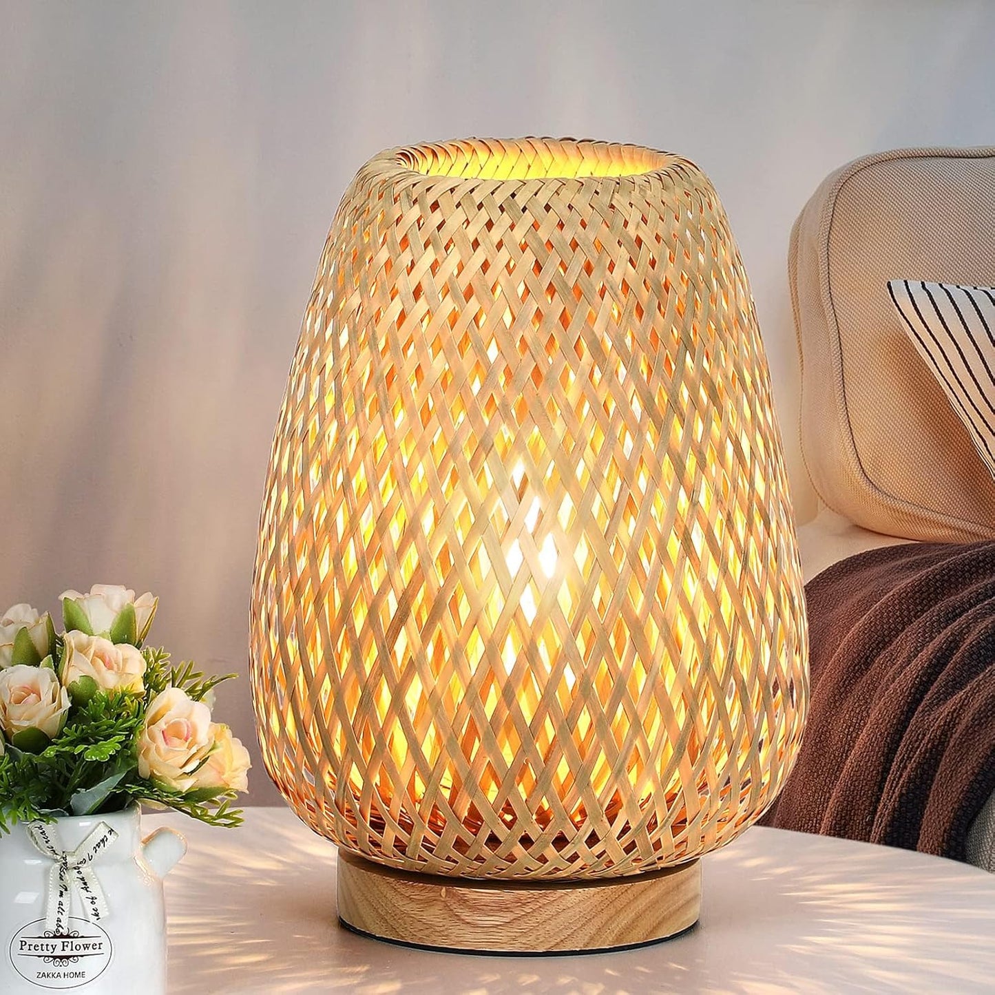 Rattan Table Lamp, Stepless Dimmable Small Beside Lamp, Vintage Wicker Wooden Nightstand Boho Bamboo Woven End Table Lamps for Bedroom Living Room Desk Kids Room, 2700K T45 LED Bulb Included