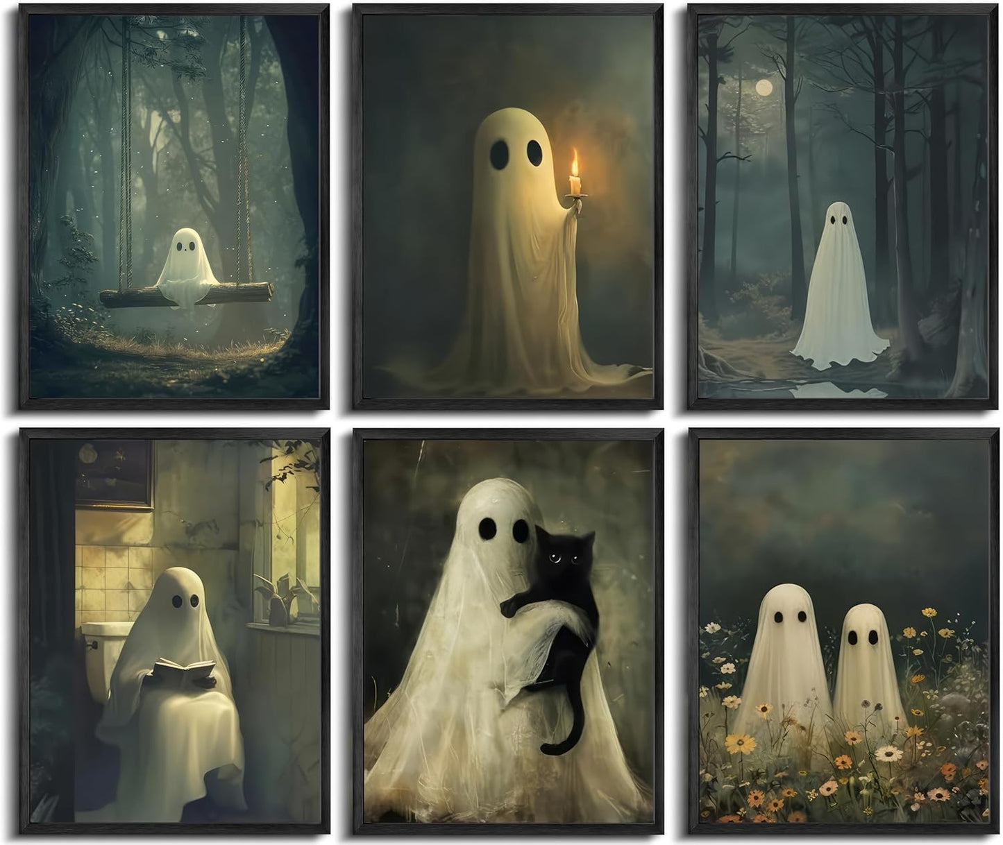6Pcs Vintage Halloween Ghost Wall art Victorian Gothic Cute Candle Ghost Painting Picture Wall Decor Retro Horror Creepy Dark Academia Poster Print Artwork for Halloween Party Home Decoration