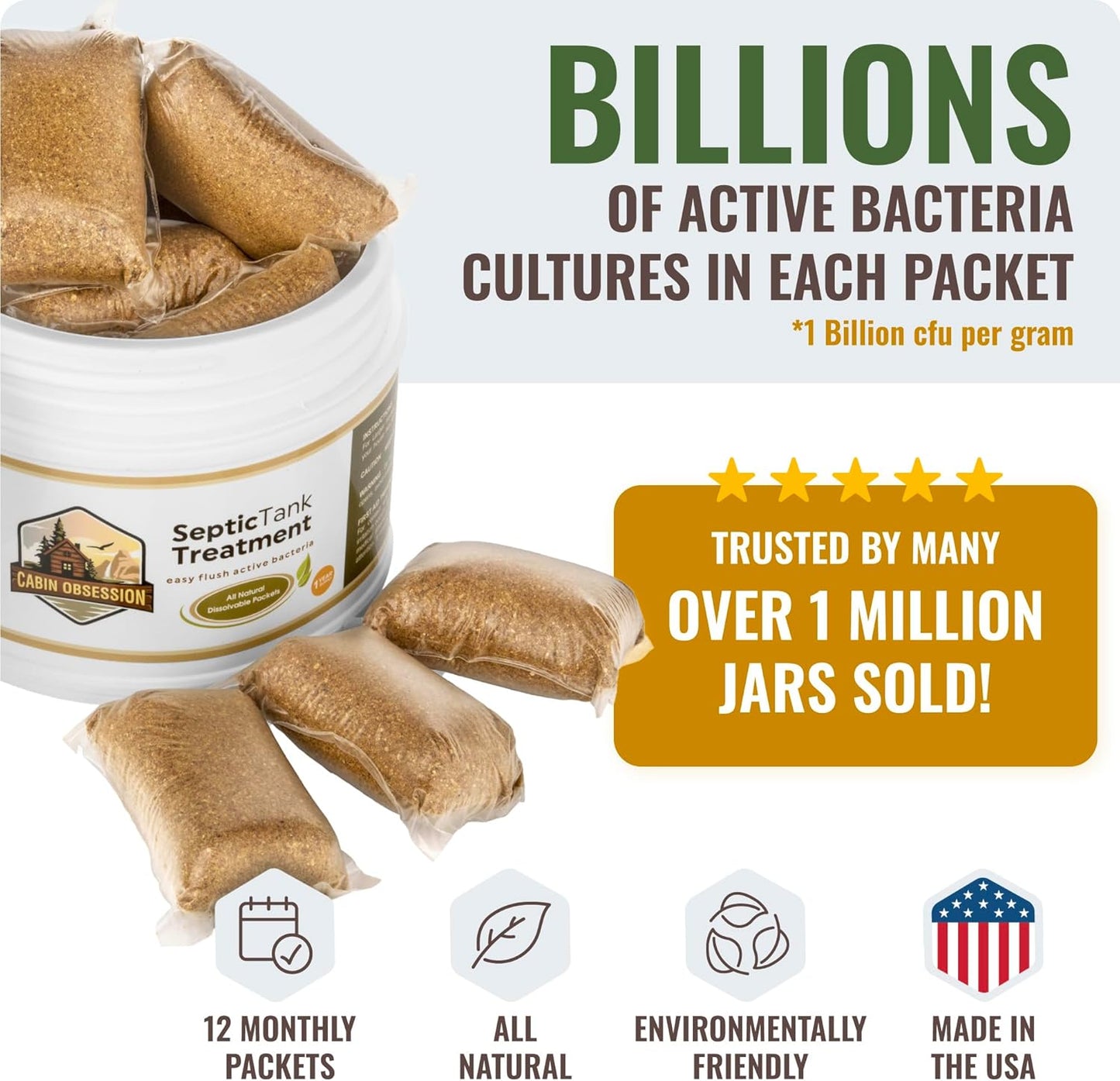 Septic Tank Treatment - 1 Year Supply of Septic Safe Dissolvable Easy Flush Live Bacteria Packets (12 Count) - Best Way to Prevent Expensive Sewage Backups - Made in USA