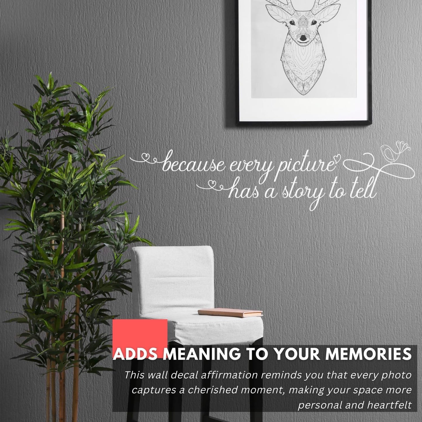 My Vinyl Story - Because Every Picture - Inspirational Family Love Wall Decal Sticker Quote Art Saying Decor for Meaningful Home Living Room Frame Photo Gallery, Removable (Black, 36x9 inches)