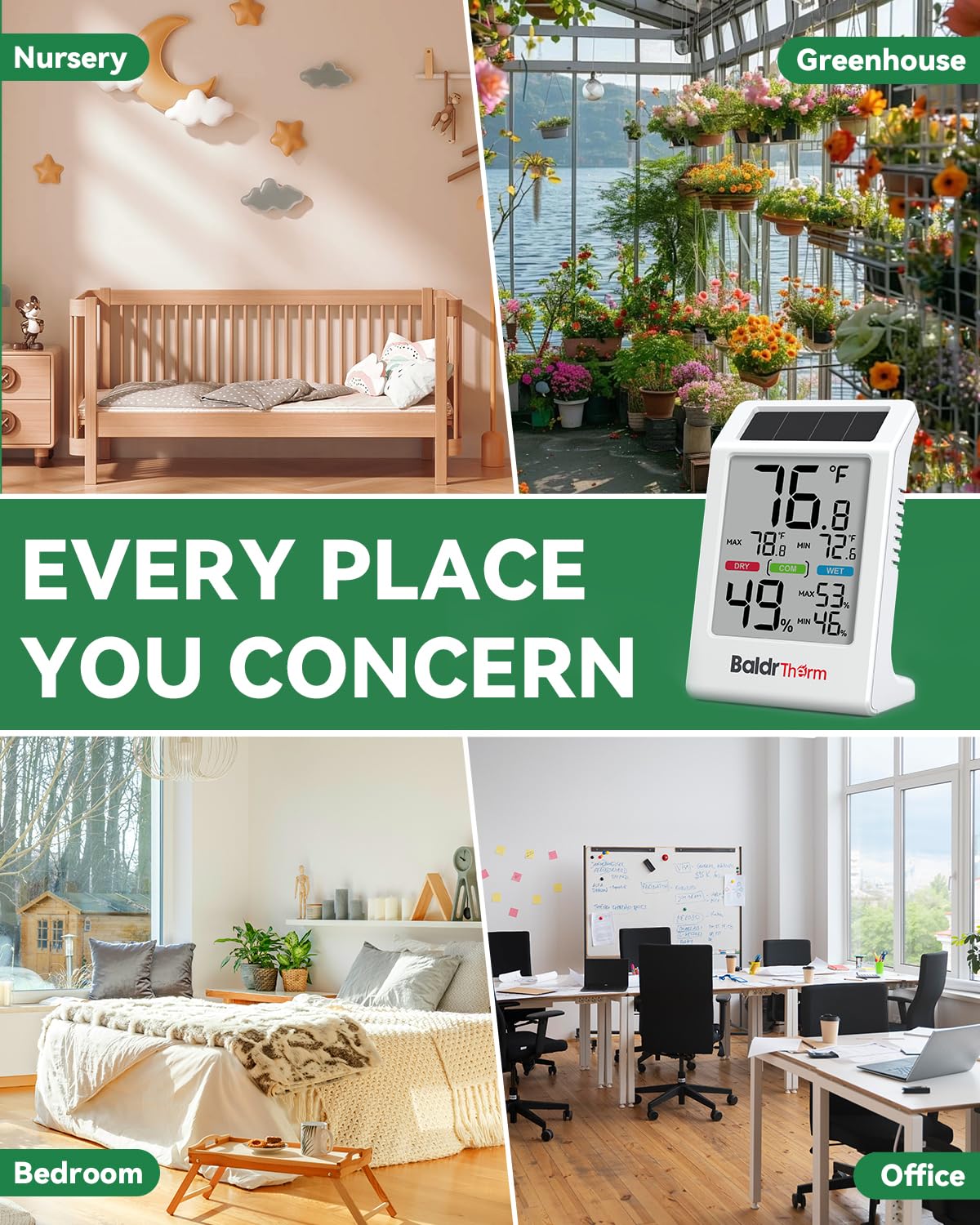 BALDR Indoor Thermometer Hygrometer, Solar Power with Battery Backup, Large Display, Daily Max/Min & Comfort Indicator Humidity Meter (White)