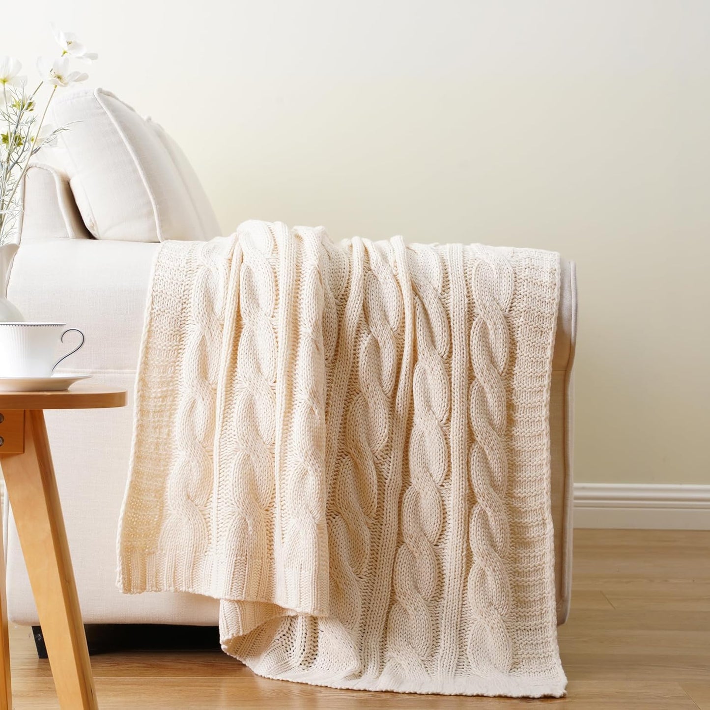 Battilo Cream Ivory Cable Knit Throw Blankets for Couch, Super Soft Warm Cozy Decorative Knitted Throw Blanket for Bed, Sofa, Chair 50"x60"