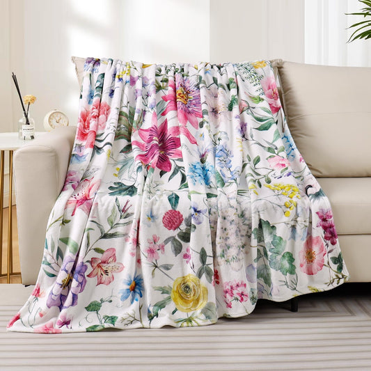 Floral Throw Blanket Colorful Wildflower Botanical Blanket Ultra Soft Flannel Fleece Throw Blankets Lightweight Cozy Fluffy Plush Blankets for Bed Couch 50"X60"